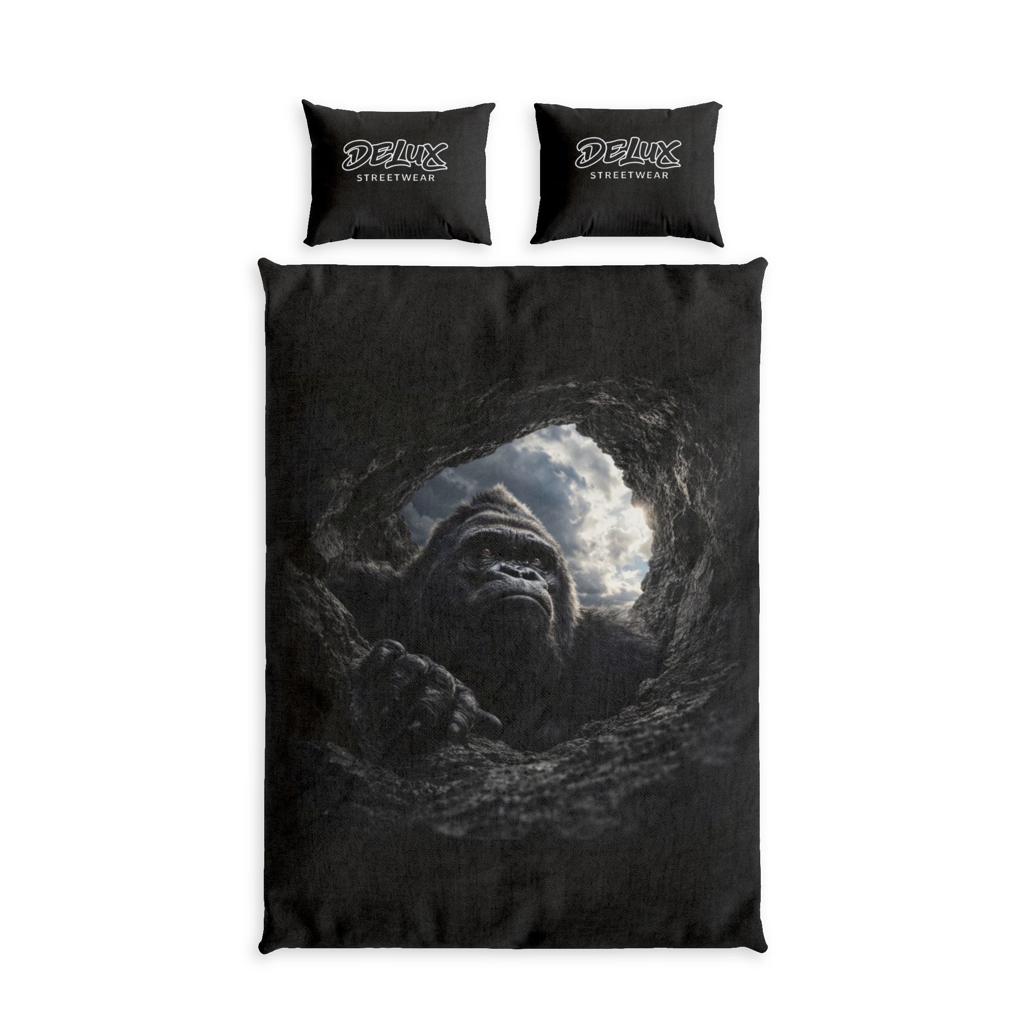 DeLUX Gorilla Cave Cotton Bed Set - Dark Wildlife Duvet Cover & Pillowcases