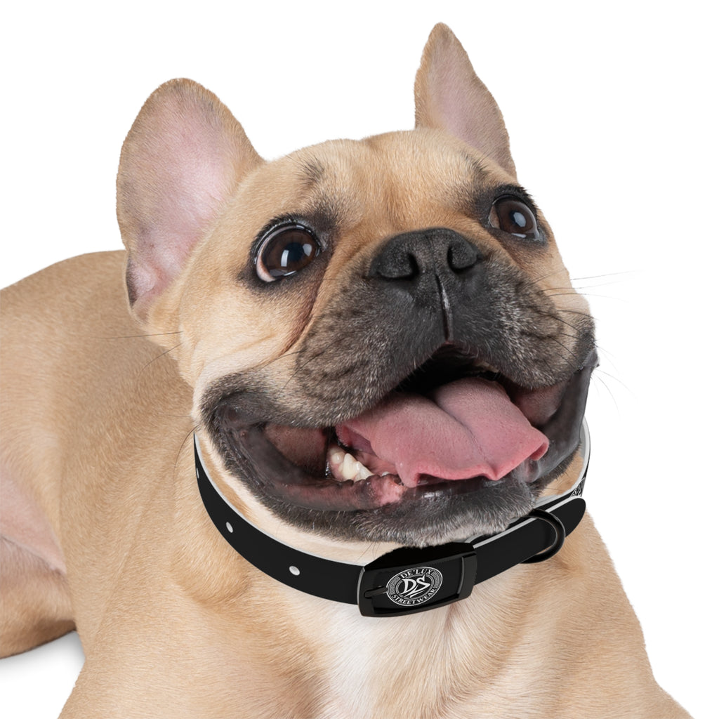 Black Logo Dog Collar — Durable Faux Leather Collar with Round Emblem