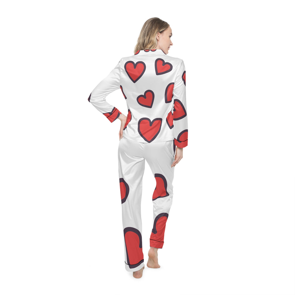 Heart Print Satin Pajamas — Women's Valentine Loungewear Set