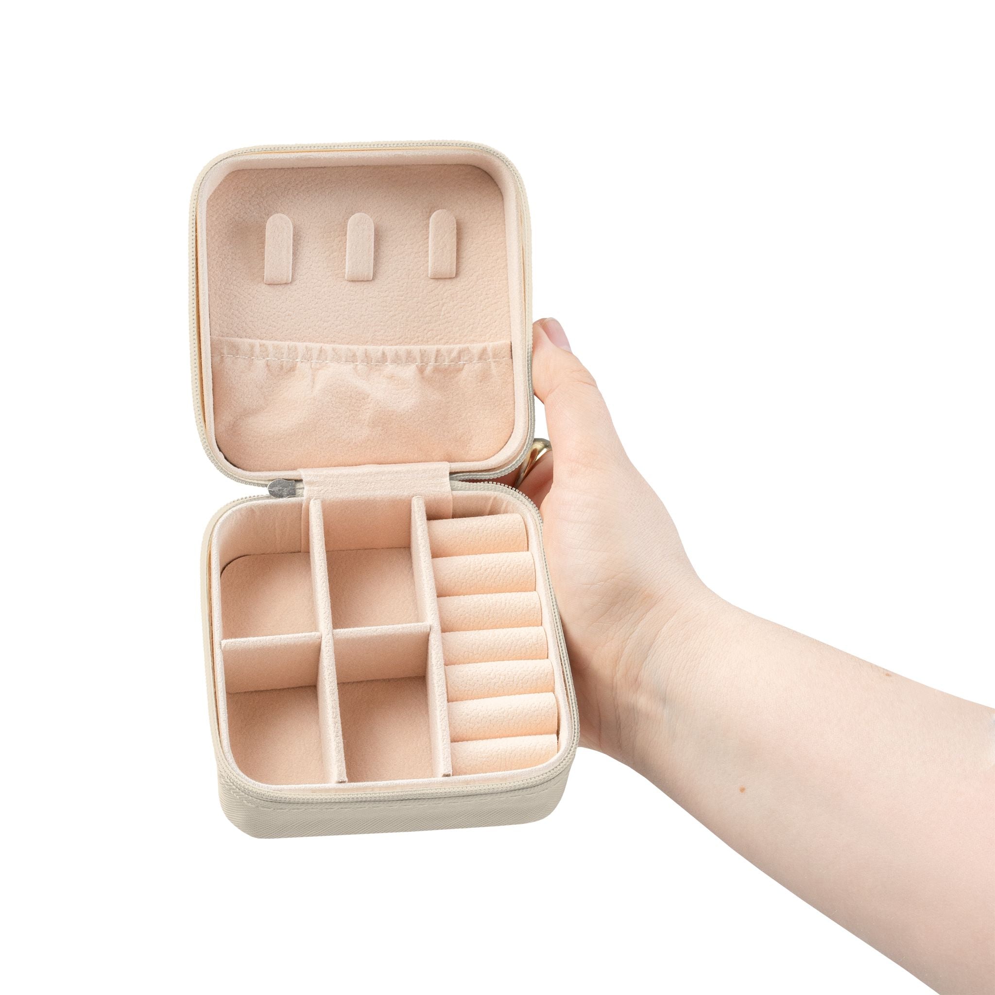 Travel Jewelry Case — Compact Pink Jewelry Organizer with Ring Slots & Compartments