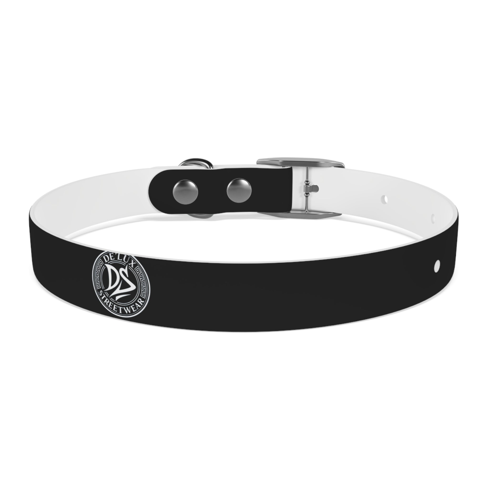 Black Logo Dog Collar — Durable Faux Leather Collar with Round Emblem