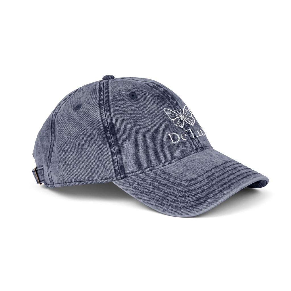 Embroidered Butterfly Vintage Cap — Red Distressed Dad Hat with "DeLuX" Text
