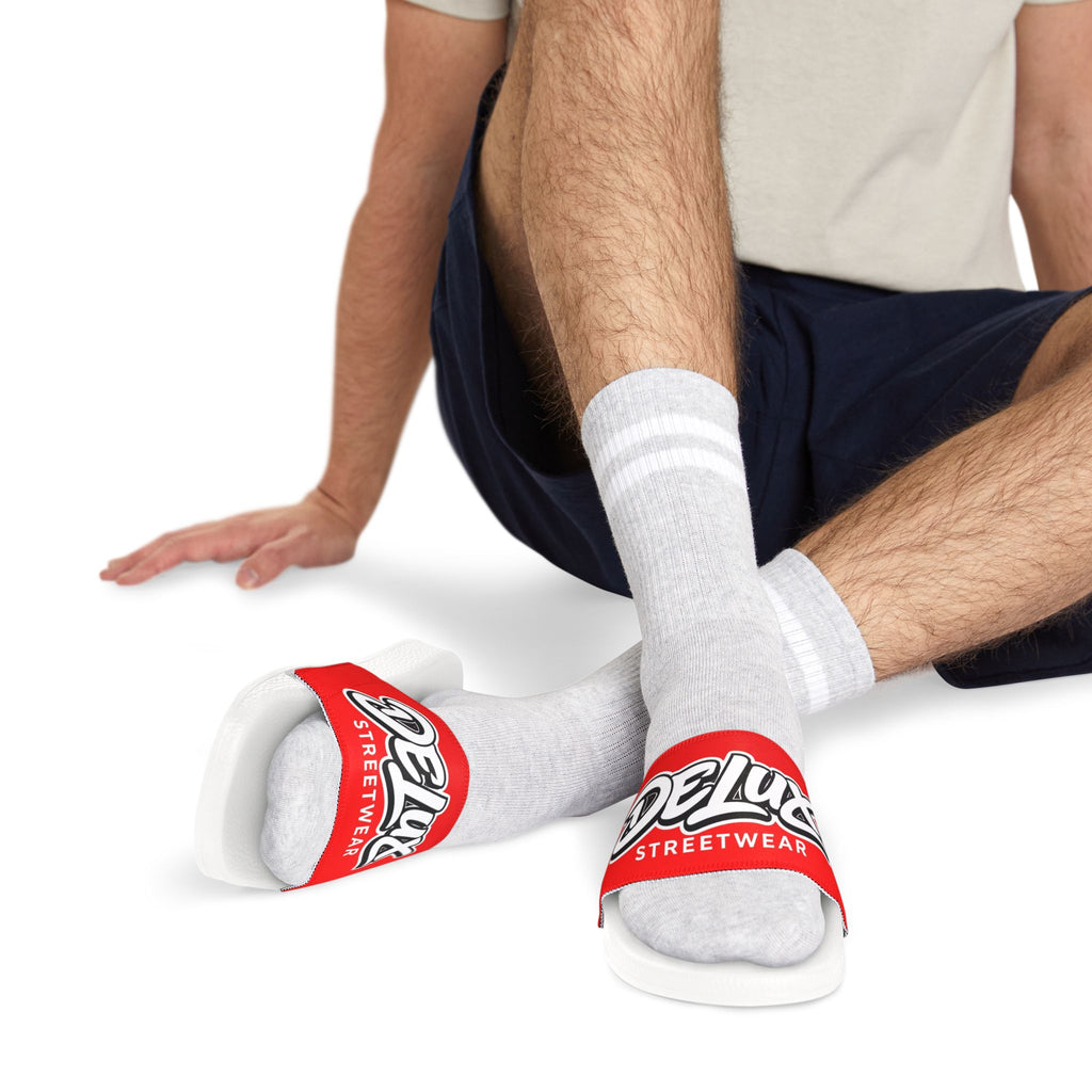 Men's Removable-Strap Slide Sandals — Bold Red 'Delux Streetwear' Logo