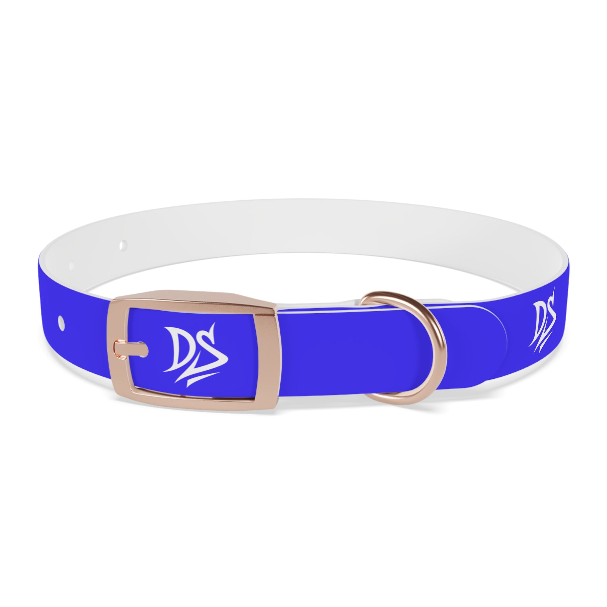 Blue Branded Dog Collar — Adjustable Waterproof Pet Collar with White Logo