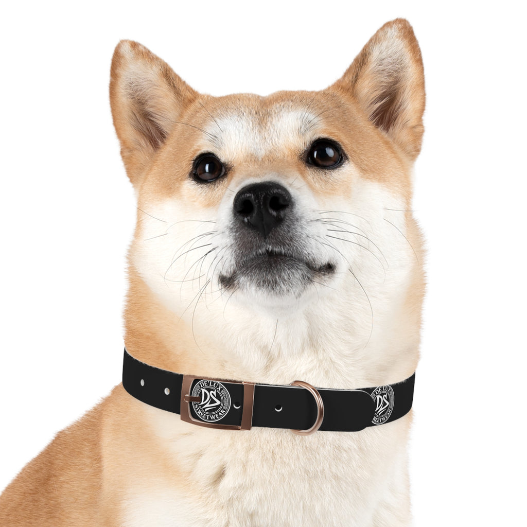 Black Logo Dog Collar — Durable Faux Leather Collar with Round Emblem