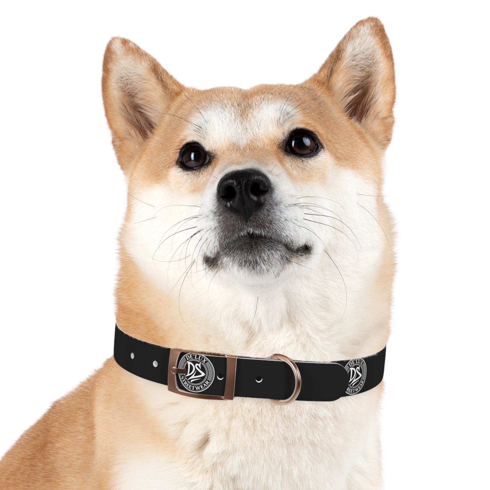 Black Logo Dog Collar — Durable Faux Leather Collar with Round Emblem
