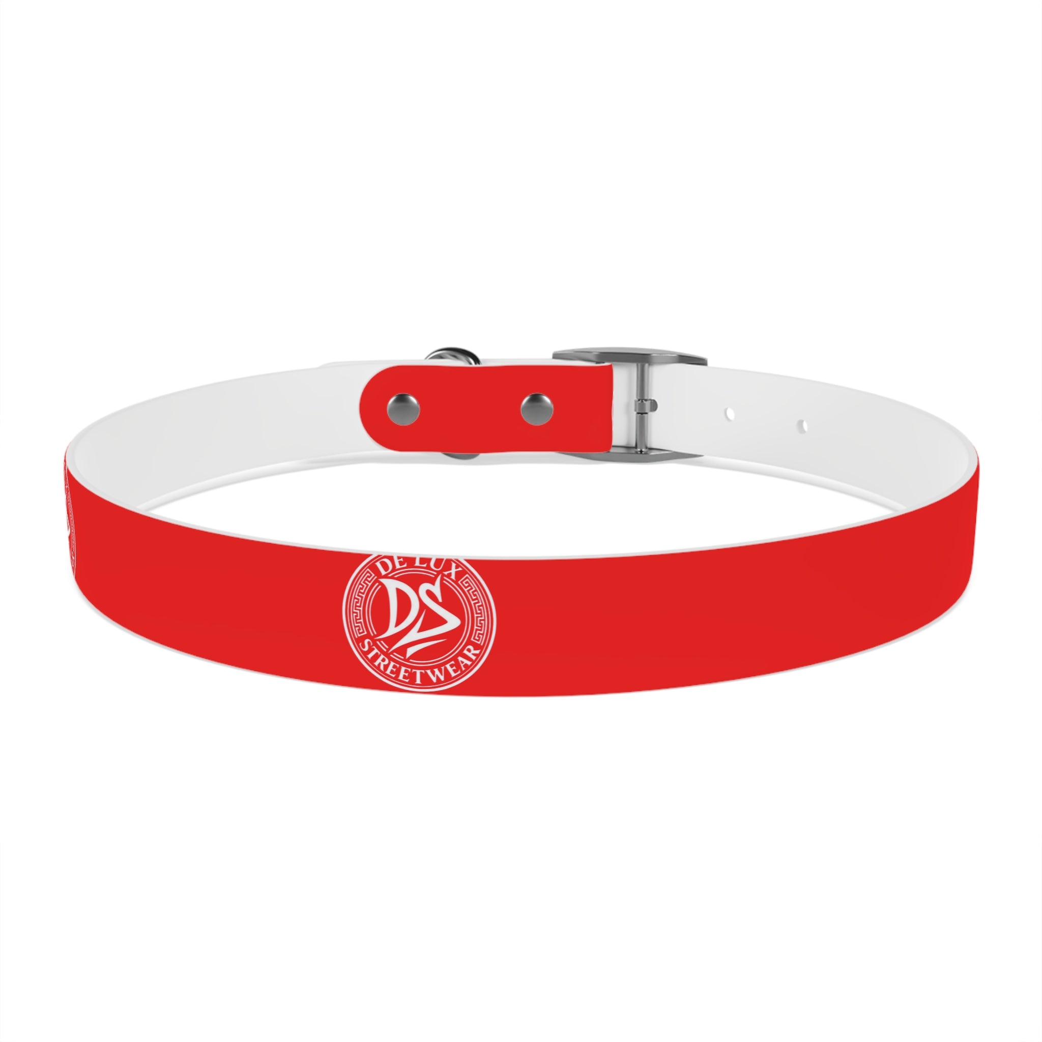 Red Logo Dog Collar — Durable Adjustable Pet Collar with White DS Emblem