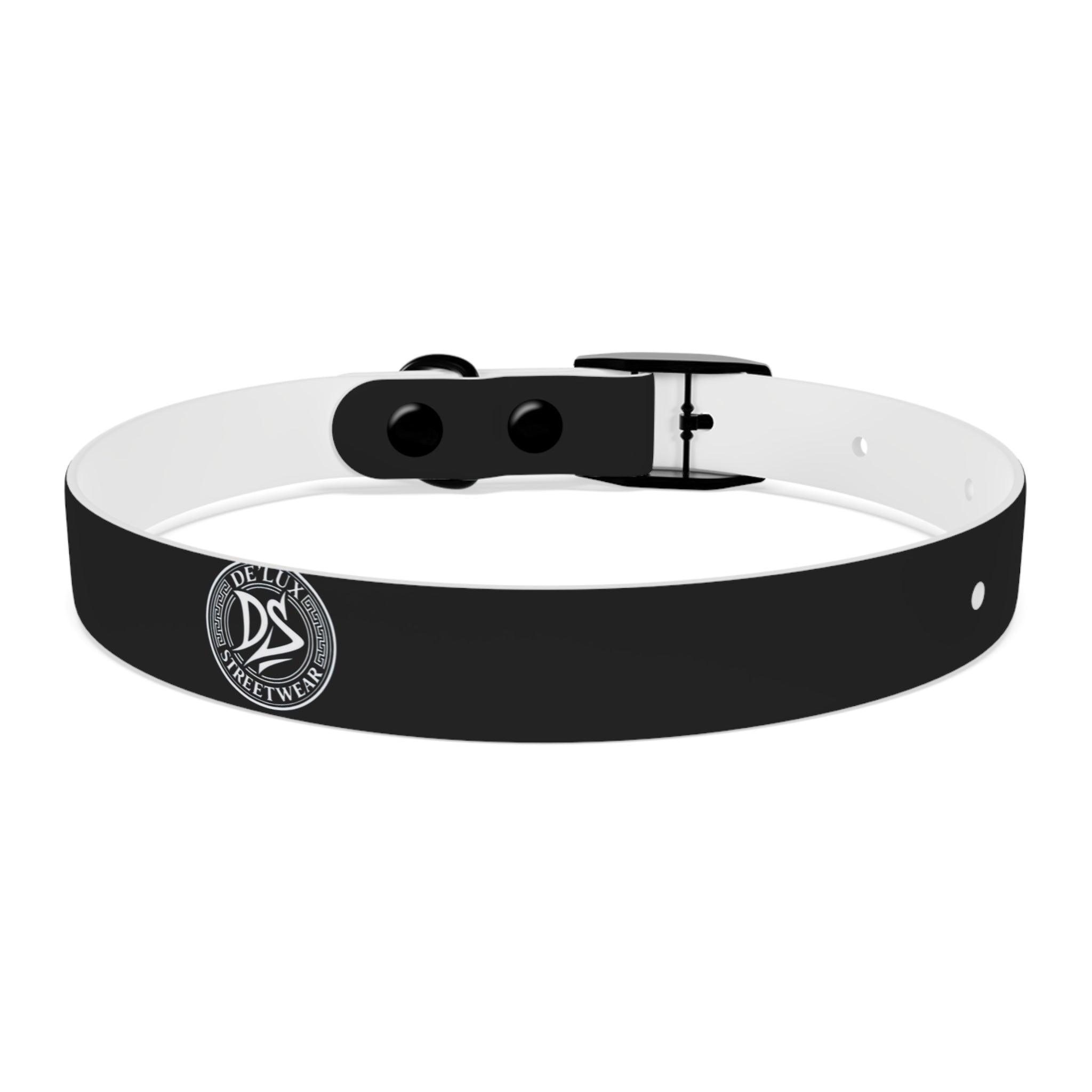 Black Logo Dog Collar — Durable Faux Leather Collar with Round Emblem
