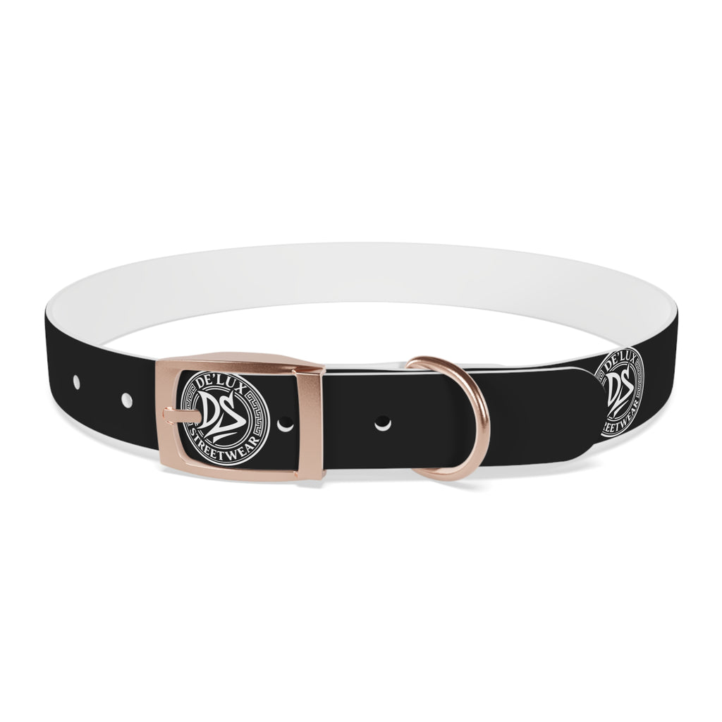 Black Logo Dog Collar — Durable Faux Leather Collar with Round Emblem