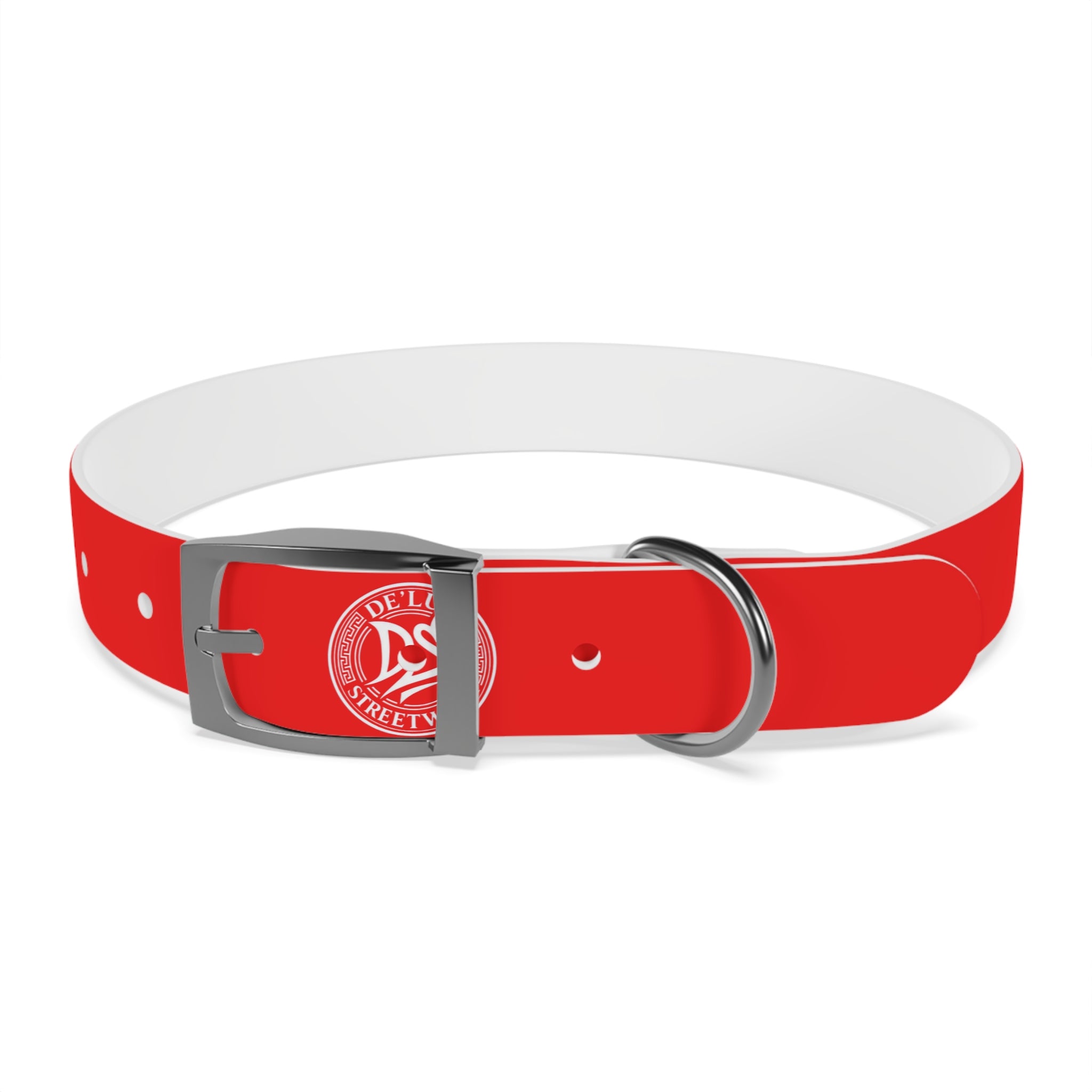 Red Logo Dog Collar — Durable Adjustable Pet Collar with White DS Emblem