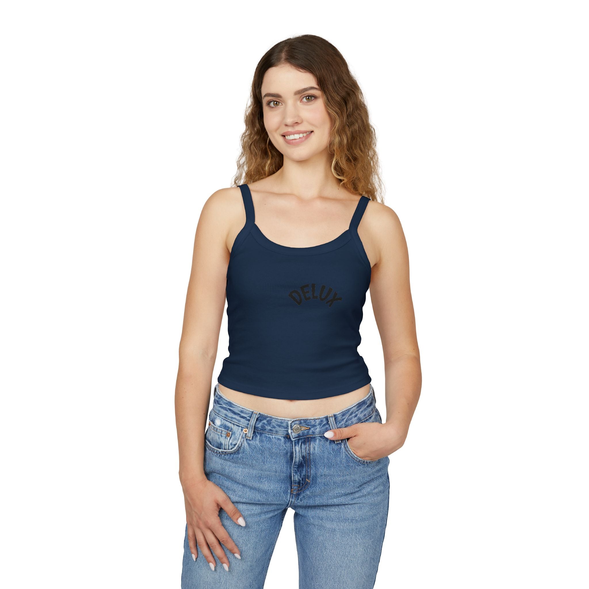 Delux Script Crop Tank Top — Women's White Spaghetti Strap Graphic