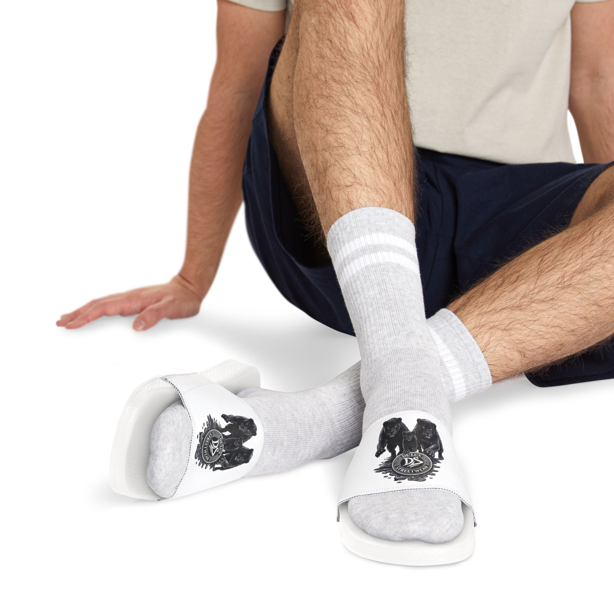 Slide Sandals — Men's White DeLuX Logo Removable-Strap Slides