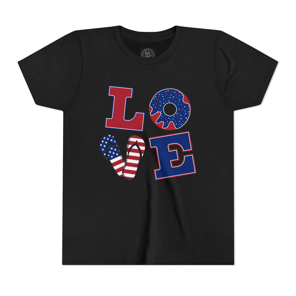 Youth Tee - "LOVE" Patriotic American Flag Design (Fourth of July Kids Shirt)