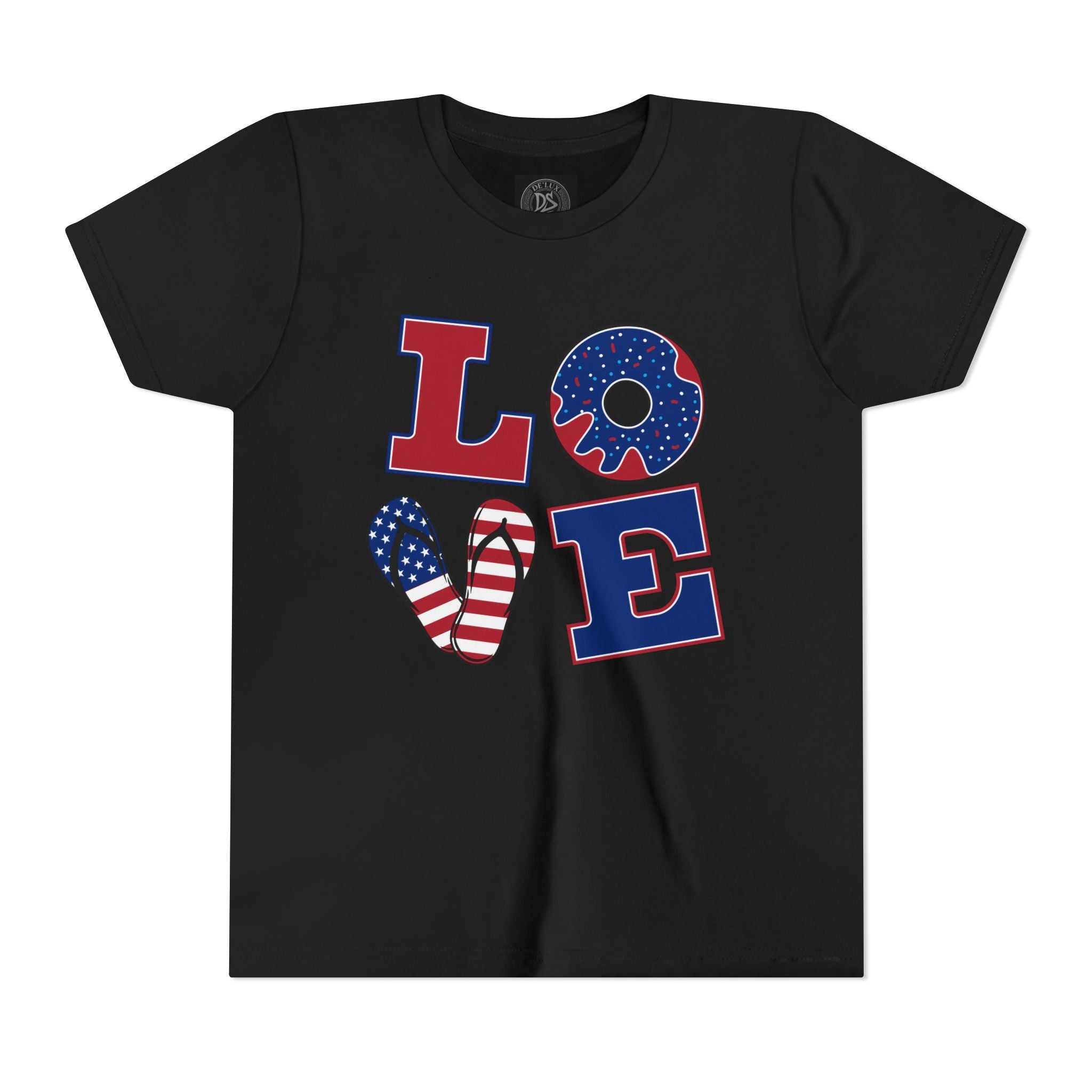 Youth Tee - "LOVE" Patriotic American Flag Design (Fourth of July Kids Shirt)