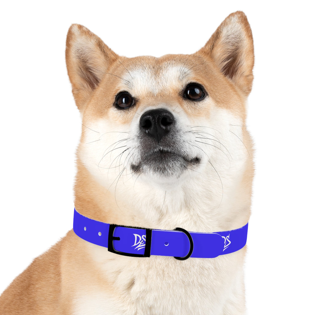 Blue Branded Dog Collar — Adjustable Waterproof Pet Collar with White Logo