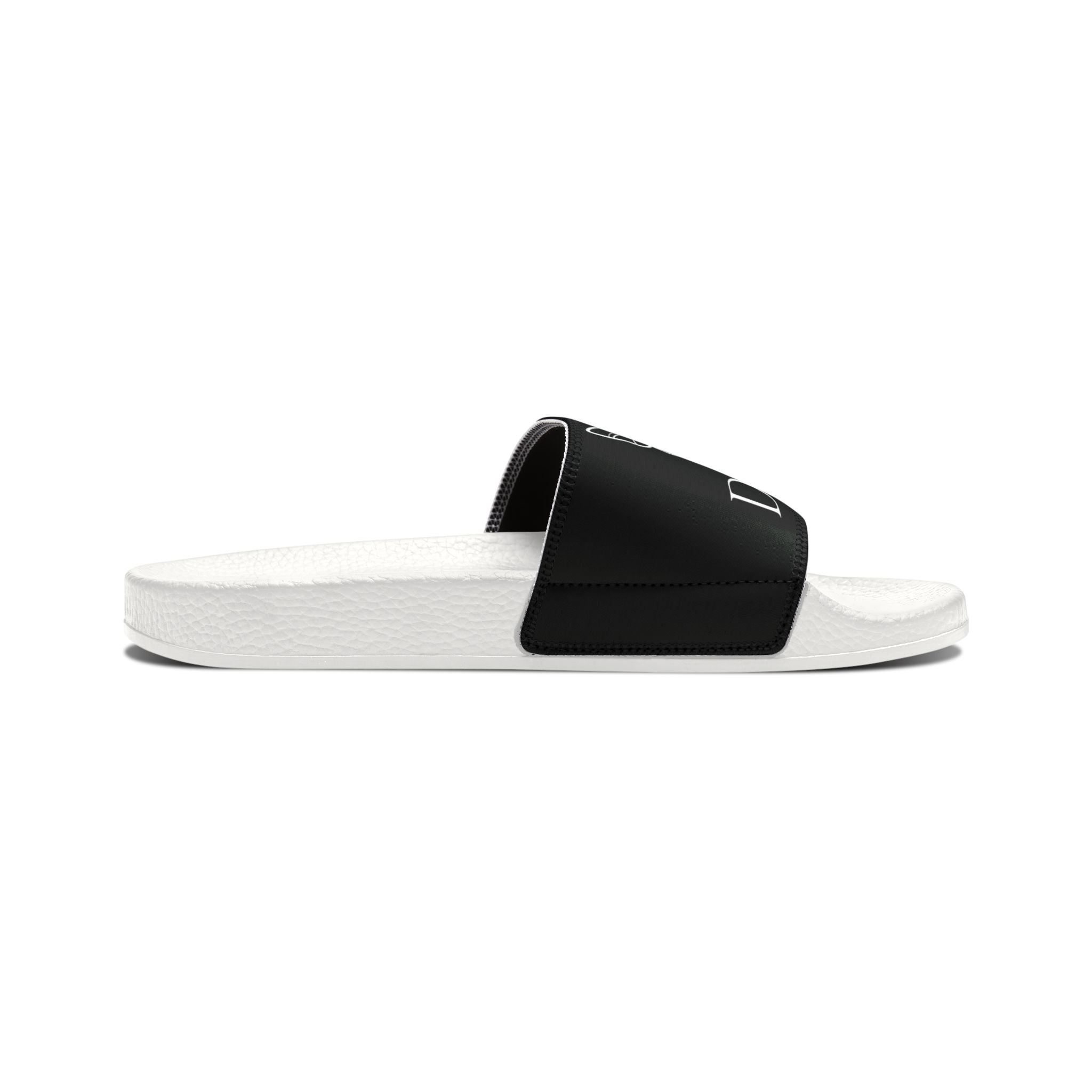 Women's Slide Sandals — Black Removable-Strap Slides with 'DeLux' Text & Bow Graphic