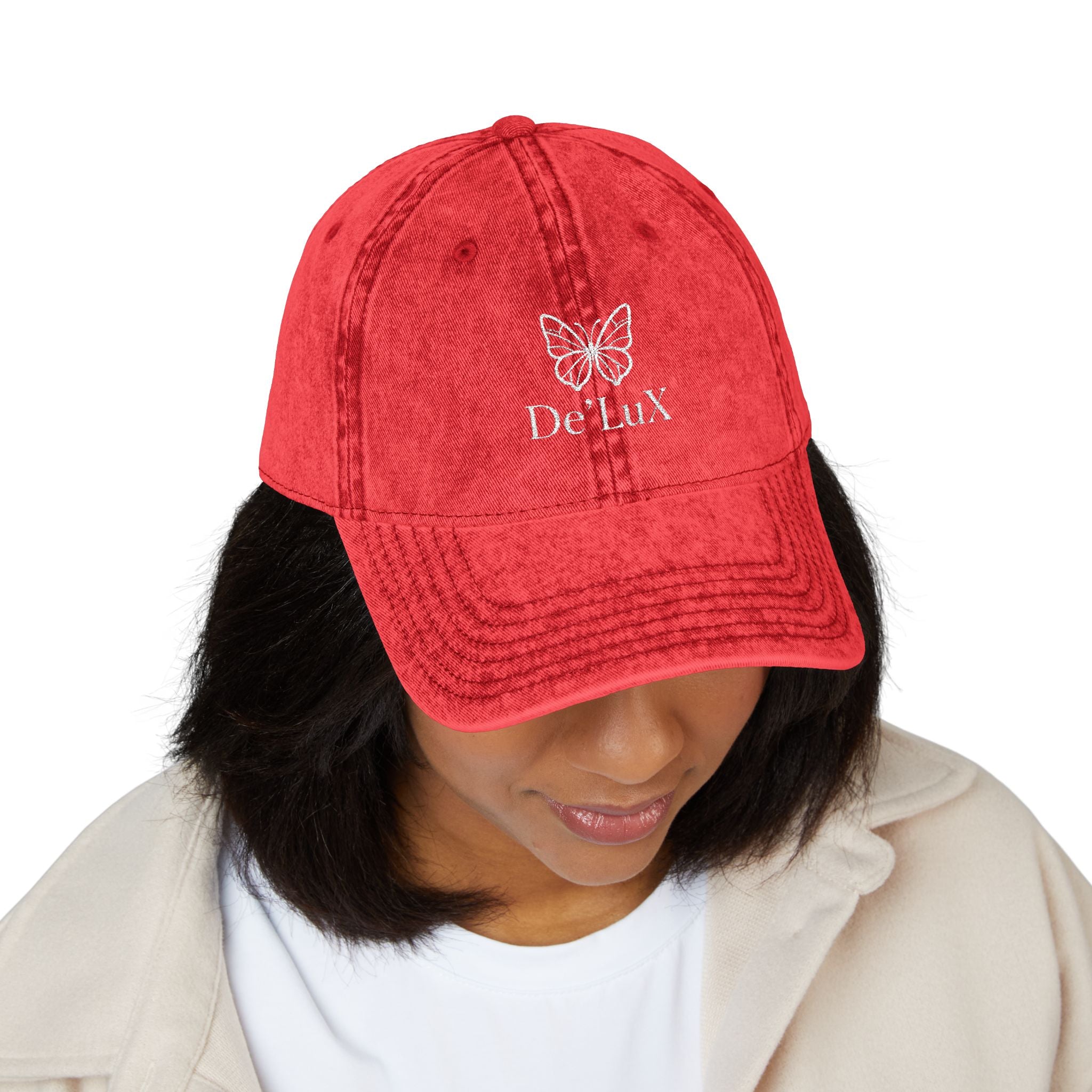 Embroidered Butterfly Vintage Cap — Red Distressed Dad Hat with "DeLuX" Text