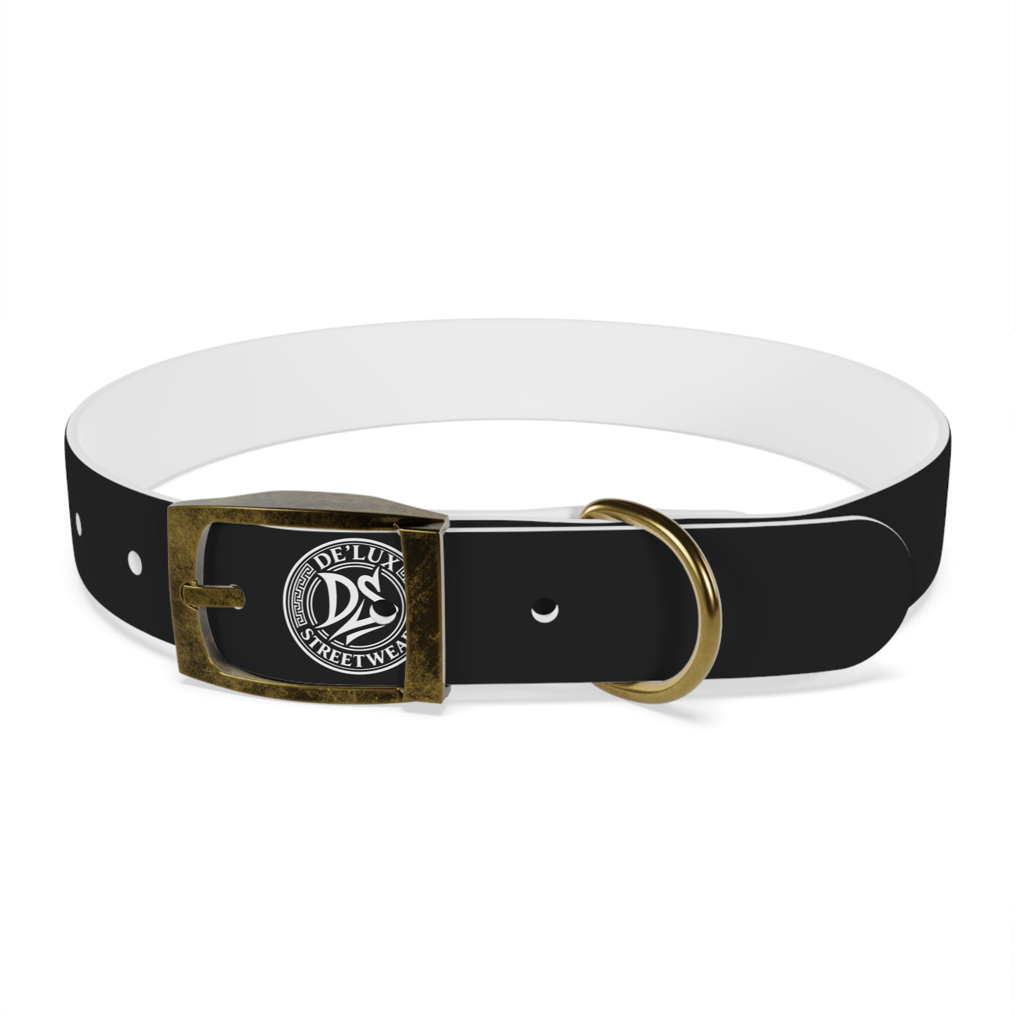 Black Logo Dog Collar — Durable Faux Leather Collar with Round Emblem
