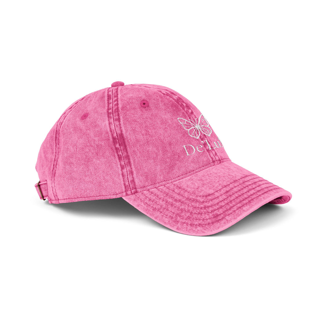 Embroidered Butterfly Vintage Cap — Red Distressed Dad Hat with "DeLuX" Text