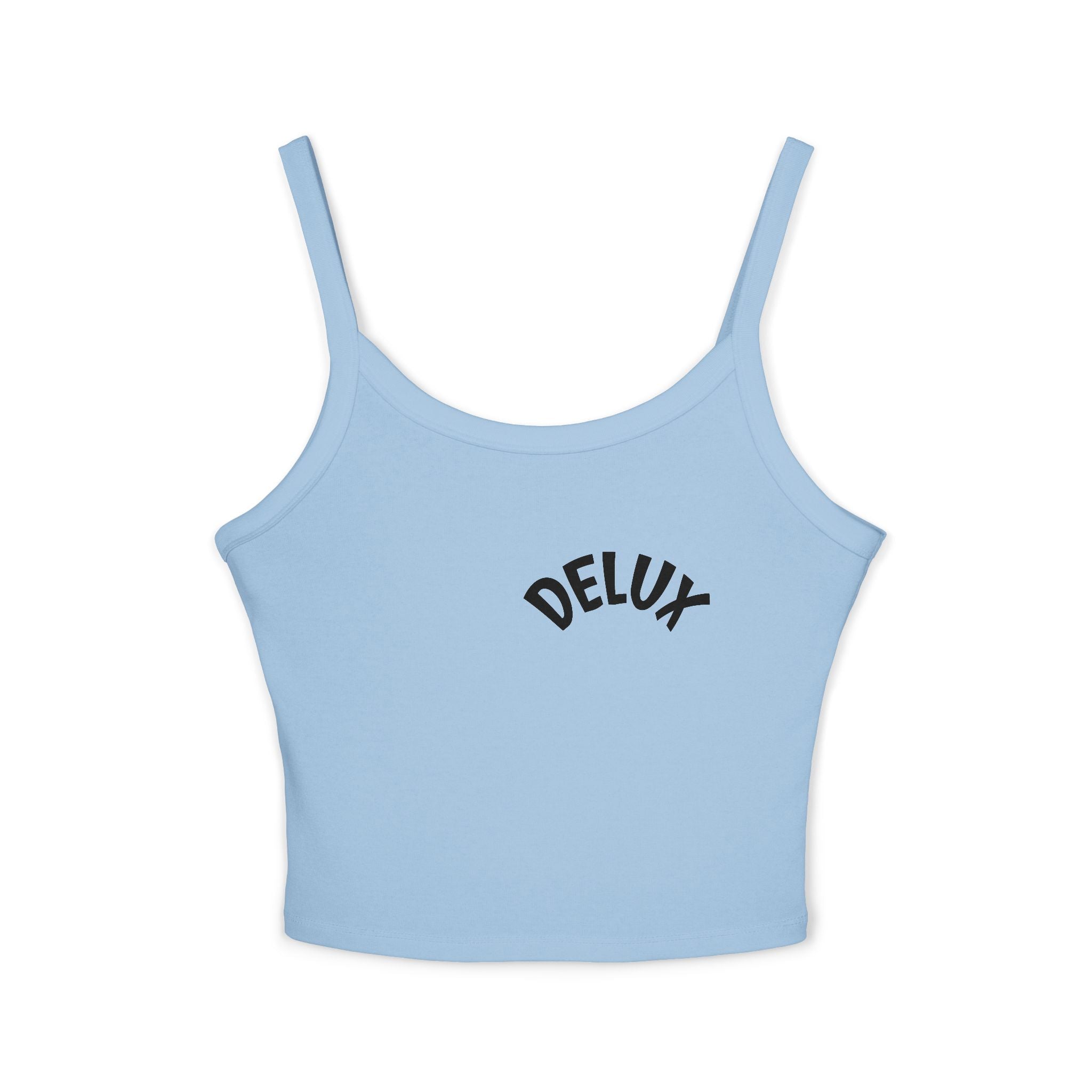 Delux Script Crop Tank Top — Women's White Spaghetti Strap Graphic