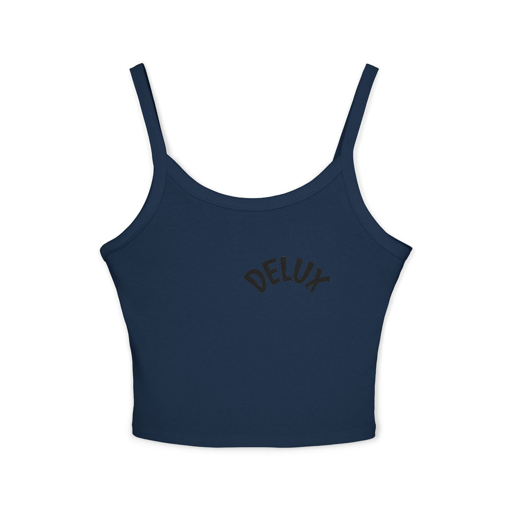 Delux Script Crop Tank Top — Women's White Spaghetti Strap Graphic