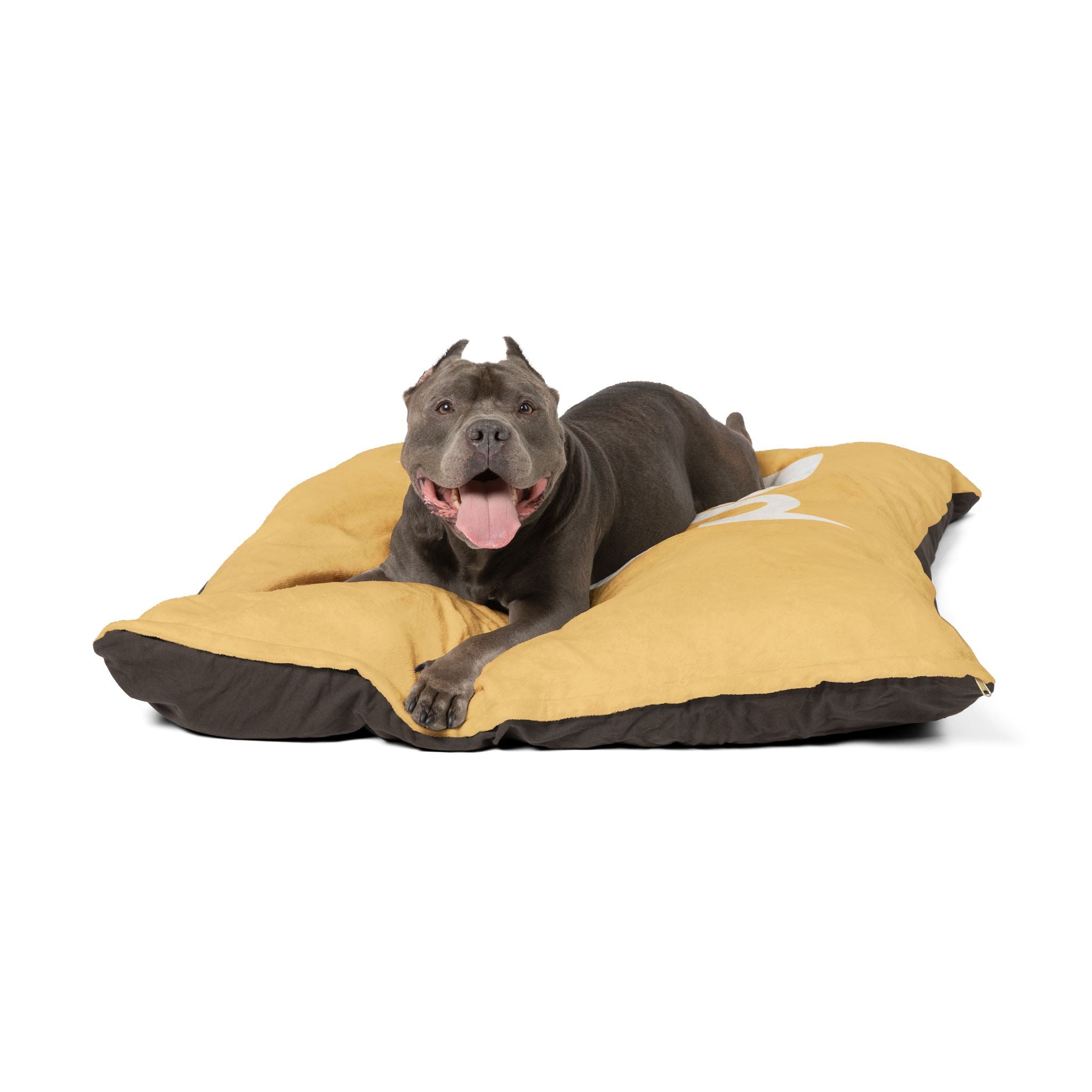 Mustard Plush Pet Bed with White DS Logo — Cozy Dog & Cat Cushion