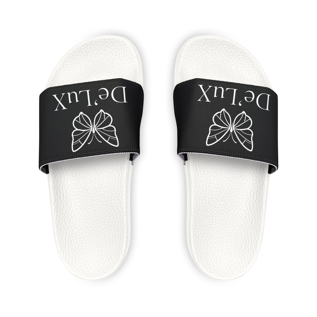 Women's Slide Sandals — Black Removable-Strap Slides with 'DeLux' Text & Bow Graphic