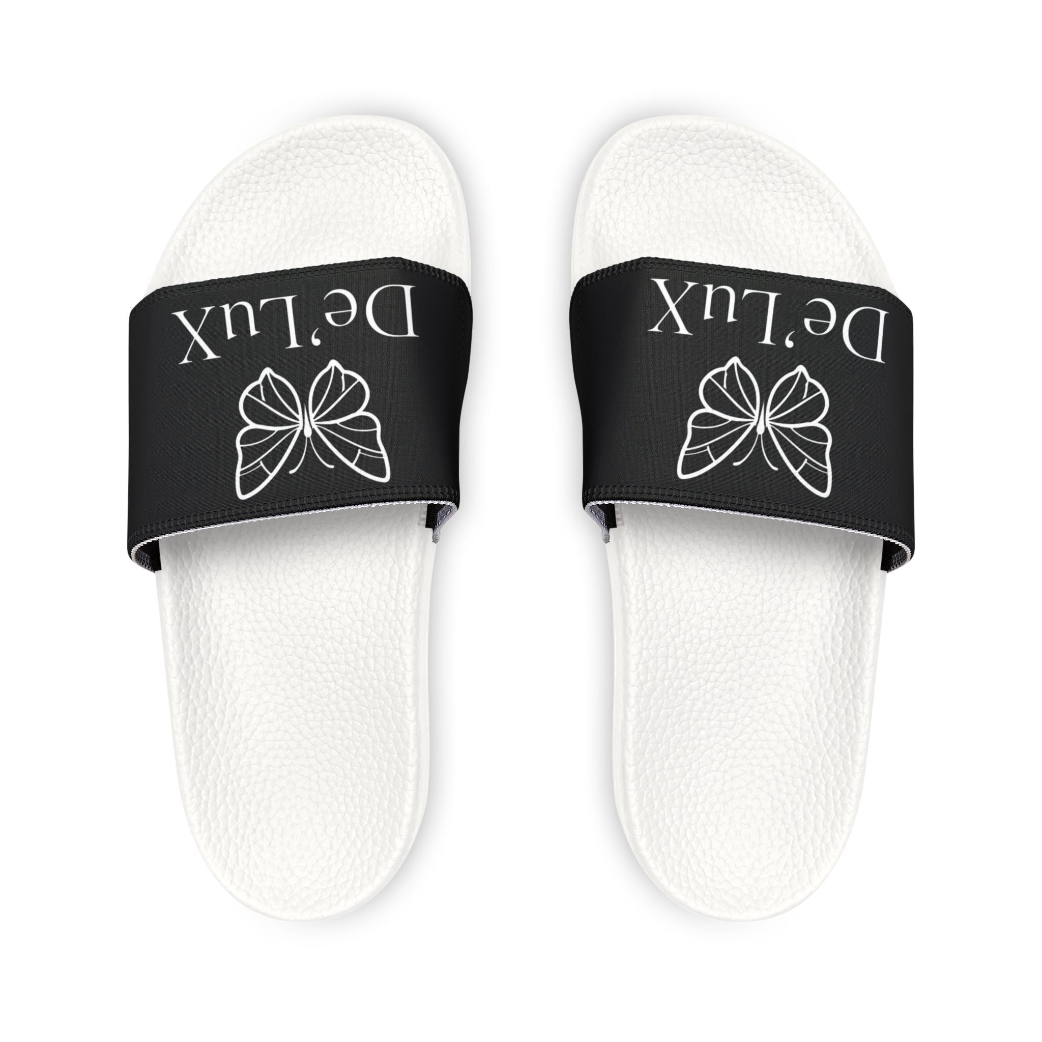 Women's Slide Sandals — Black Removable-Strap Slides with 'DeLux' Text & Bow Graphic