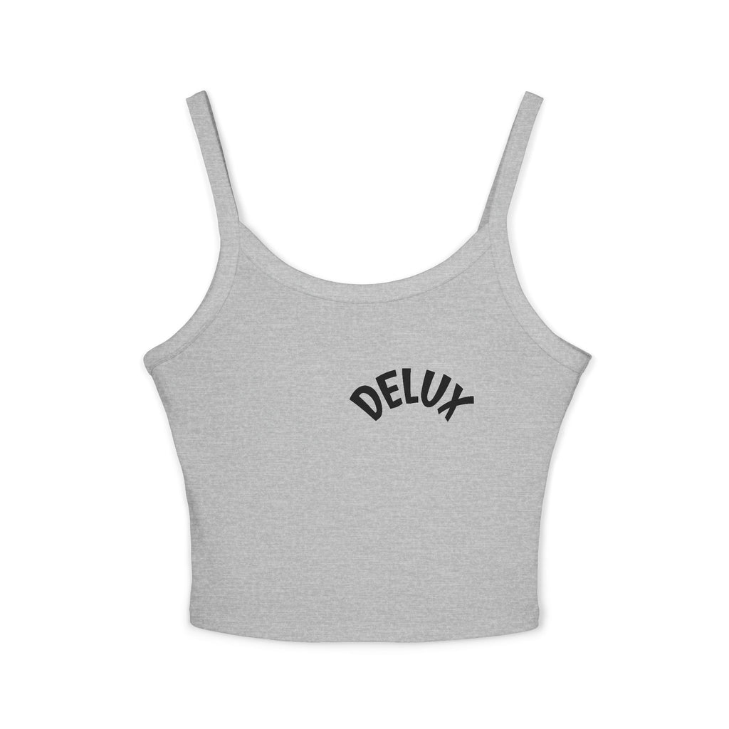 Delux Script Crop Tank Top — Women's White Spaghetti Strap Graphic