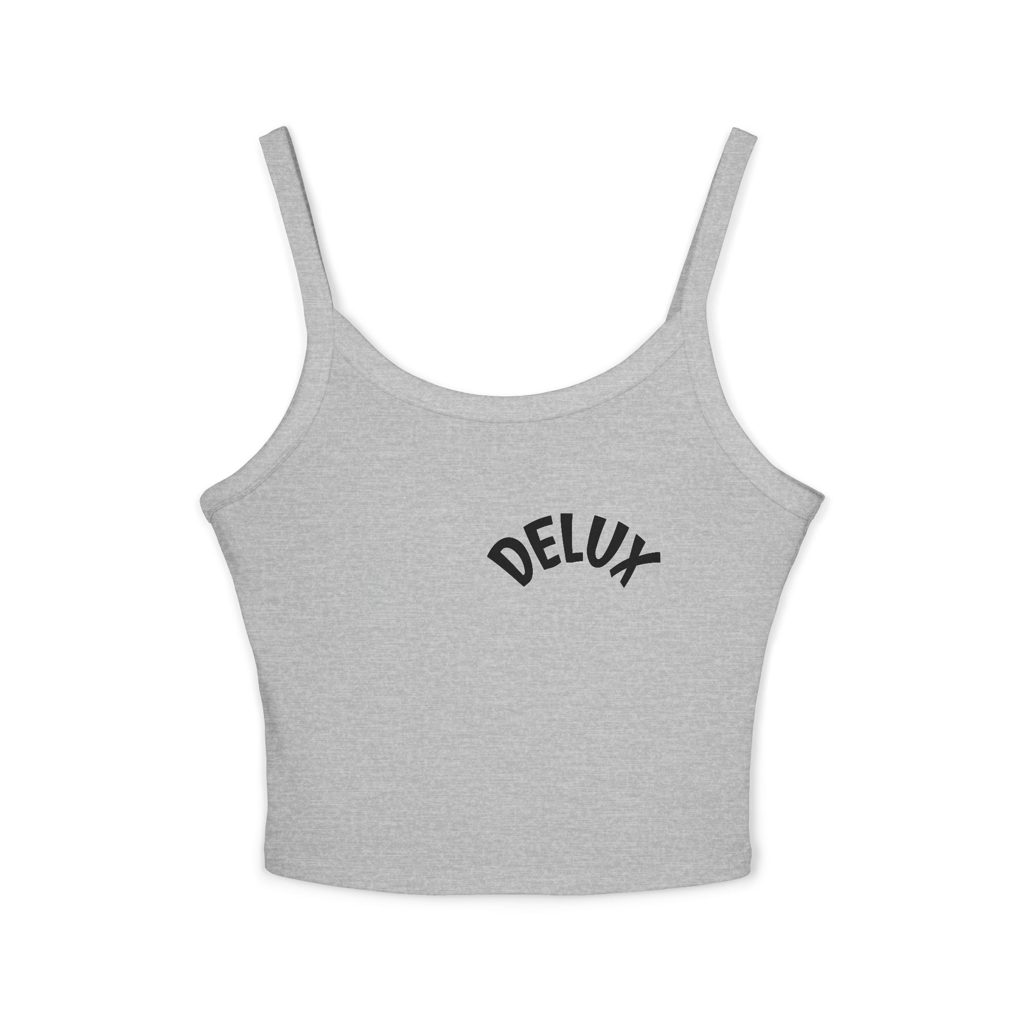 Delux Script Crop Tank Top — Women's White Spaghetti Strap Graphic