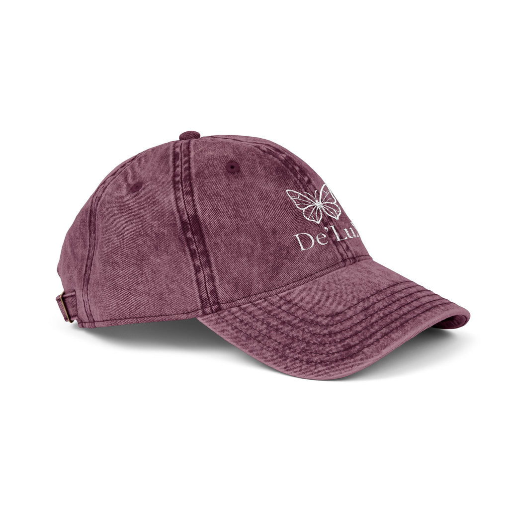 Embroidered Butterfly Vintage Cap — Red Distressed Dad Hat with "DeLuX" Text