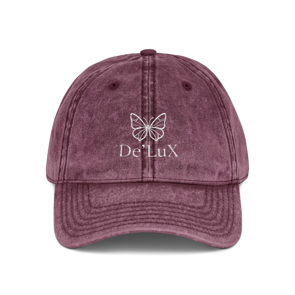 Embroidered Butterfly Vintage Cap — Red Distressed Dad Hat with "DeLuX" Text