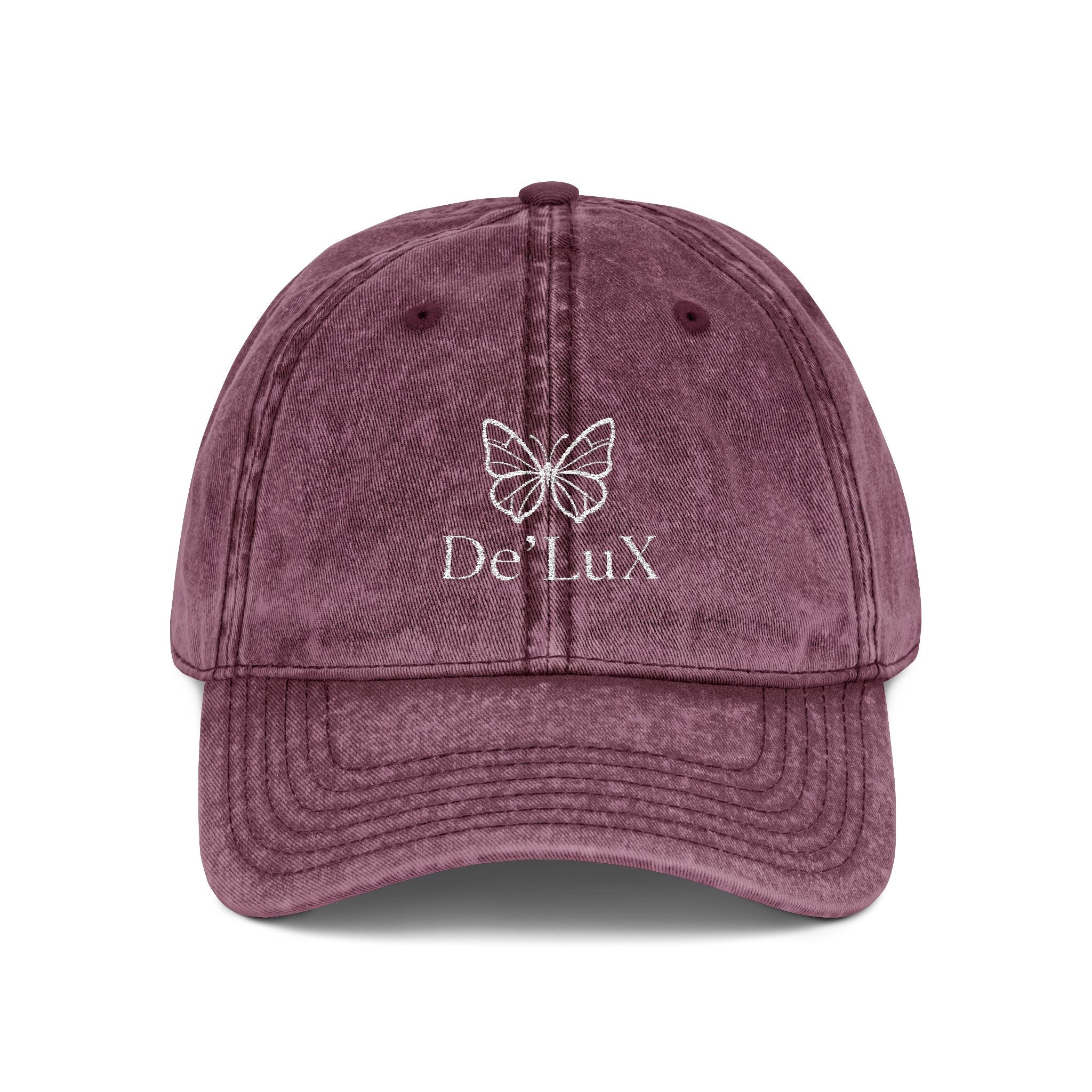 Embroidered Butterfly Vintage Cap — Red Distressed Dad Hat with "DeLuX" Text