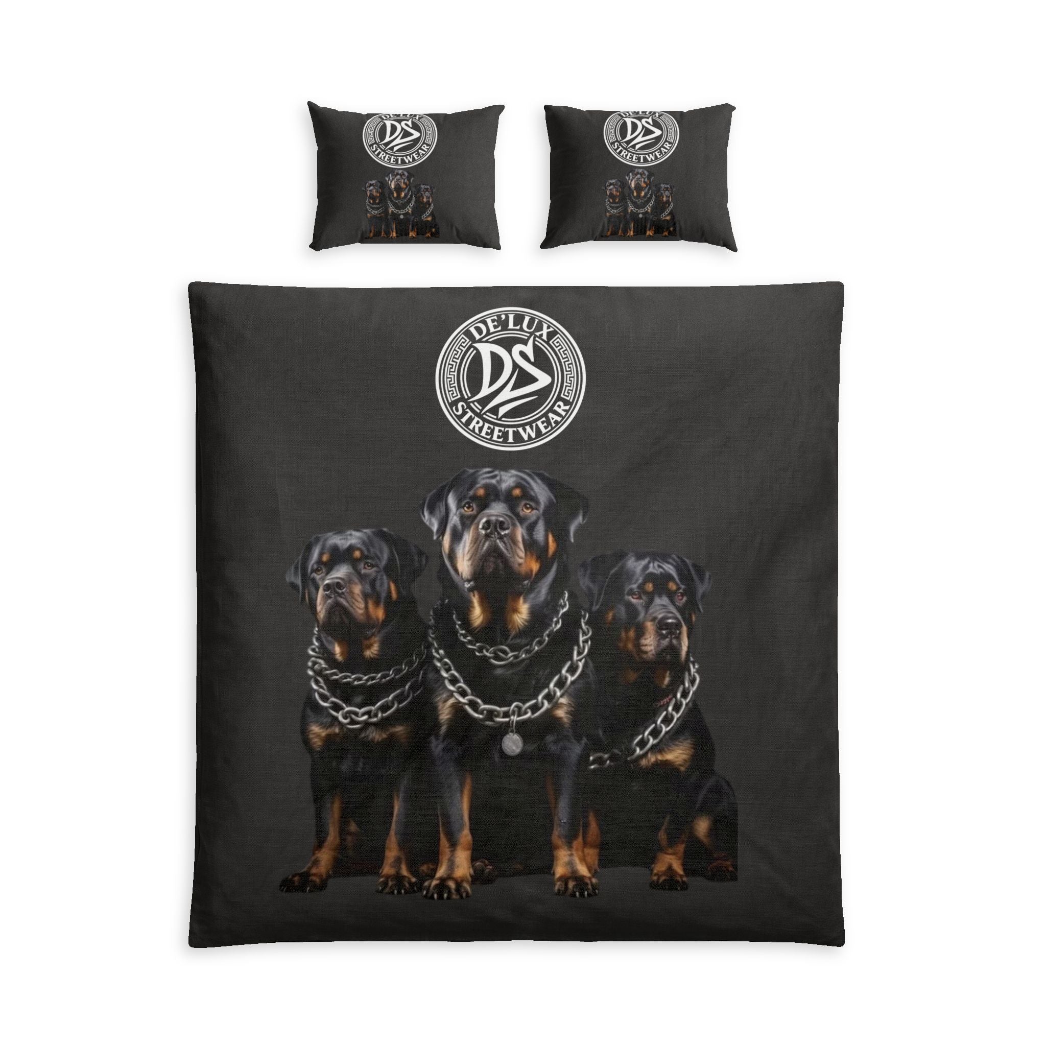 Rottweiler Trio Cotton Bed Set – Dark Dog Print Duvet & Pillowcases