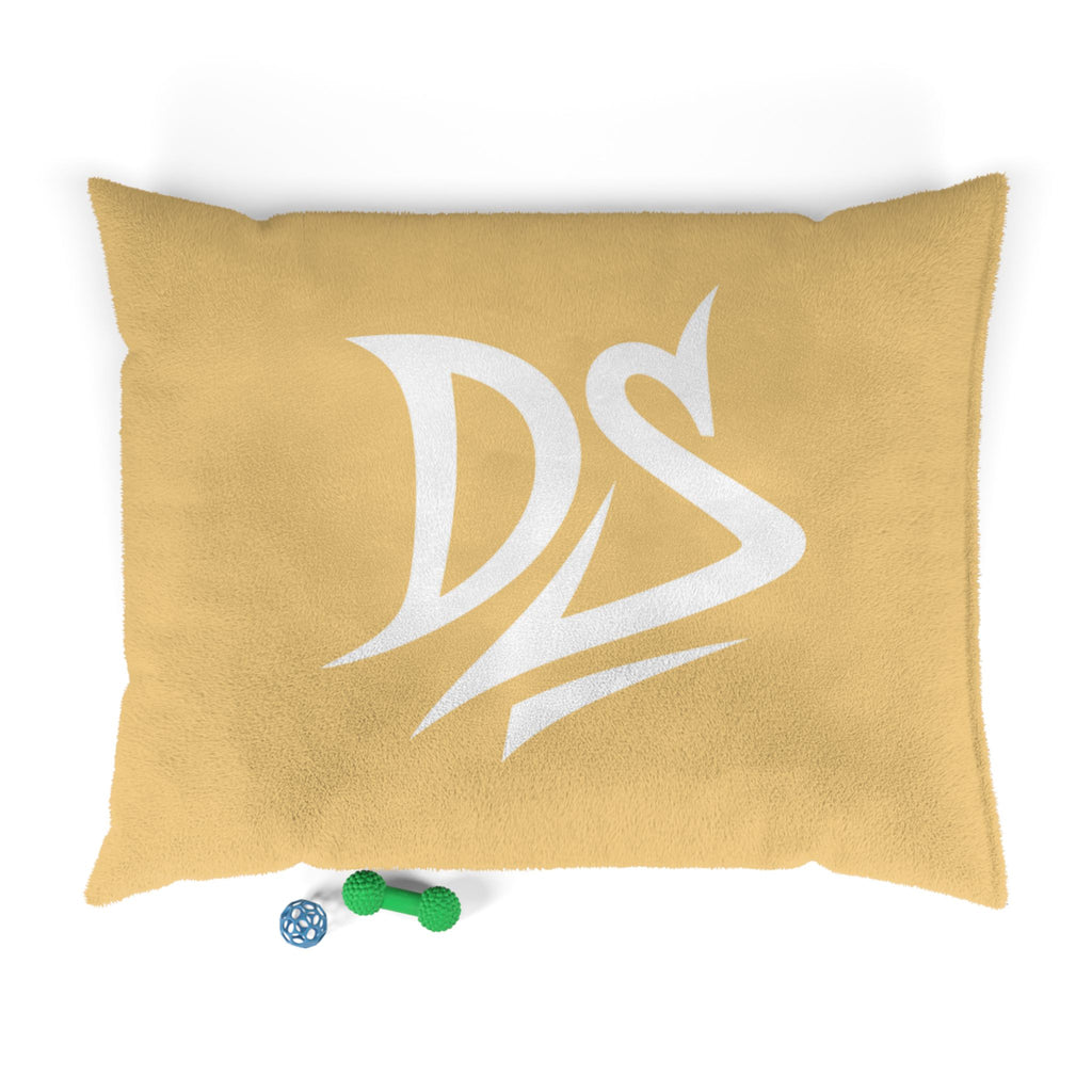 Mustard Plush Pet Bed with White DS Logo — Cozy Dog & Cat Cushion