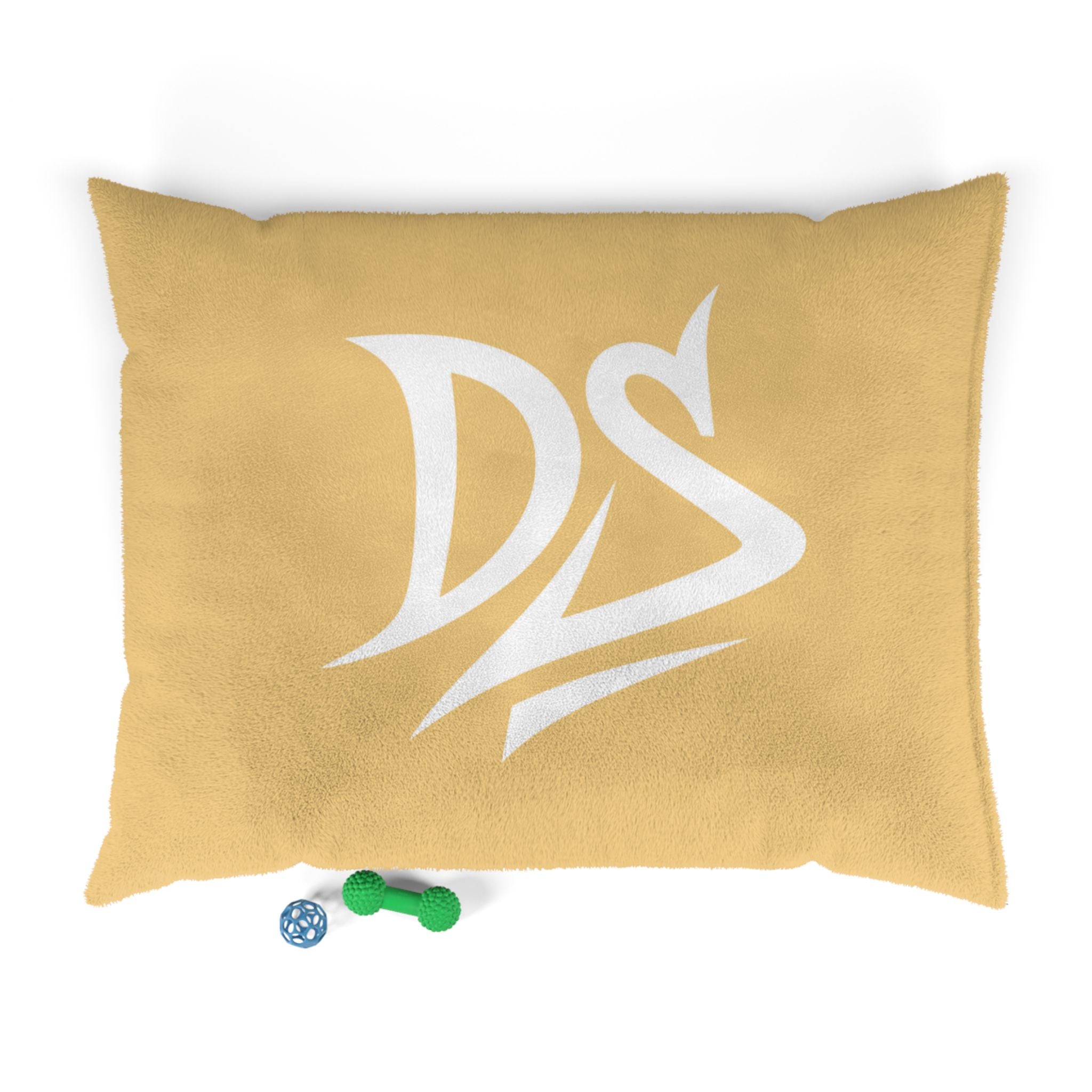 Mustard Plush Pet Bed with White DS Logo — Cozy Dog & Cat Cushion
