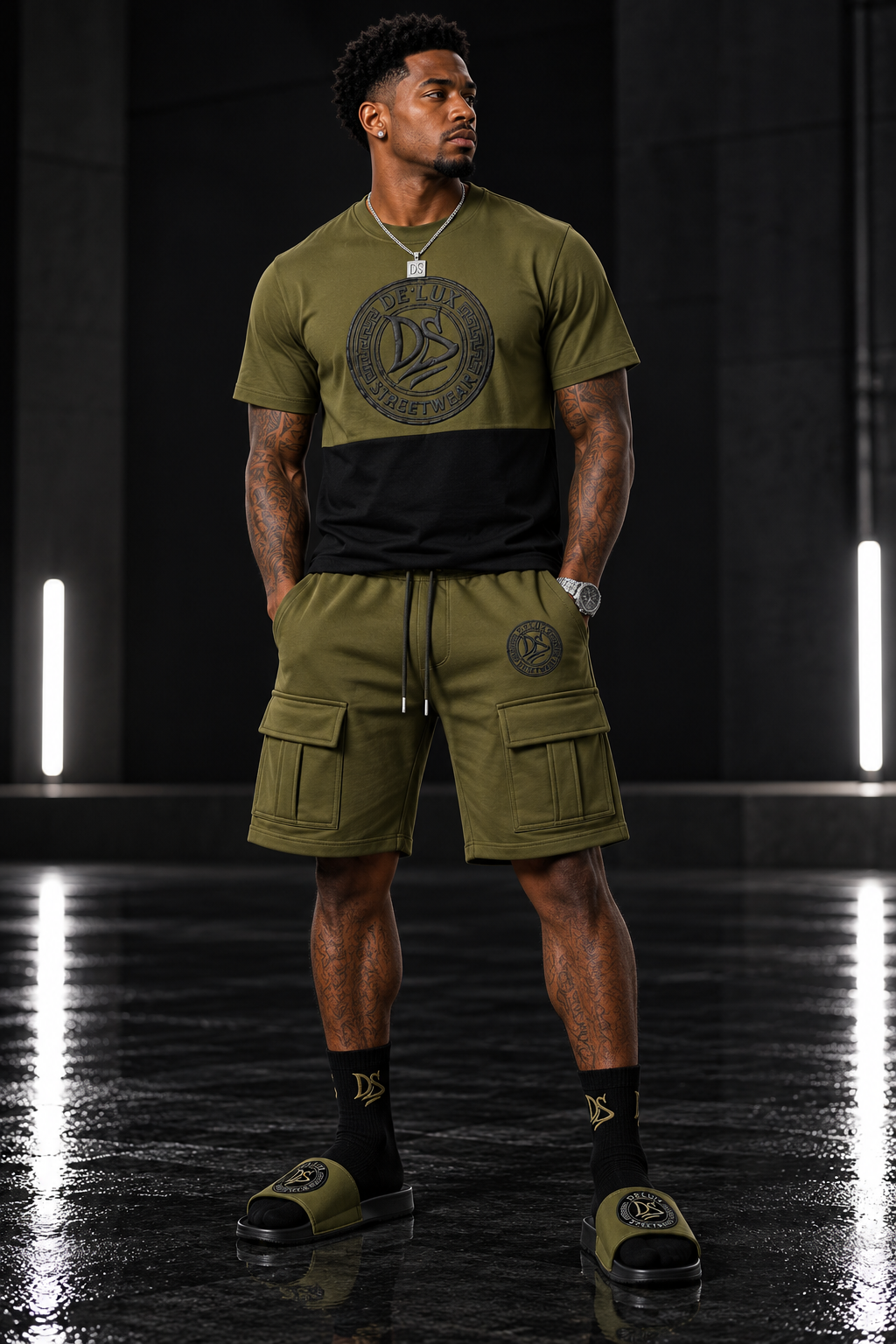DE’LUX Streetwear Army Green/Black T-Shirt