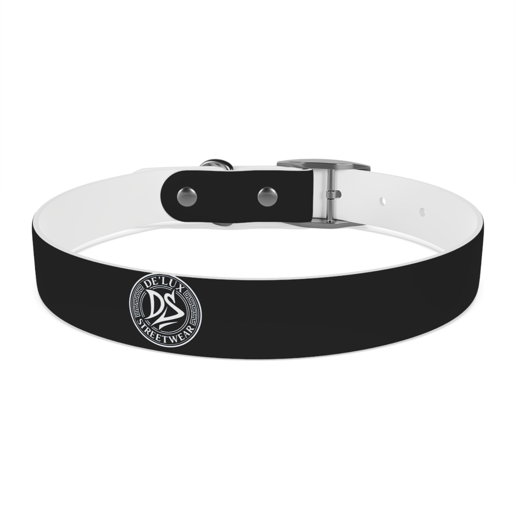 Black Logo Dog Collar — Durable Faux Leather Collar with Round Emblem
