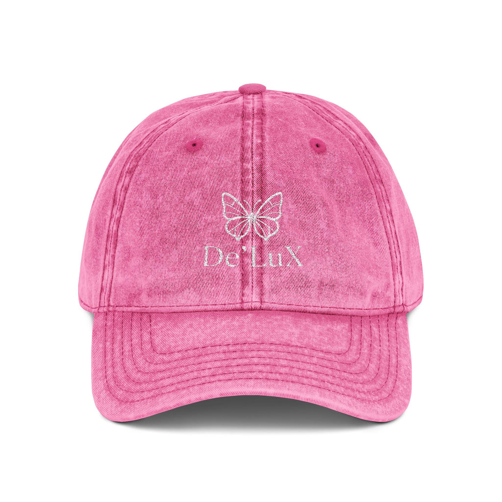 Embroidered Butterfly Vintage Cap — Red Distressed Dad Hat with "DeLuX" Text