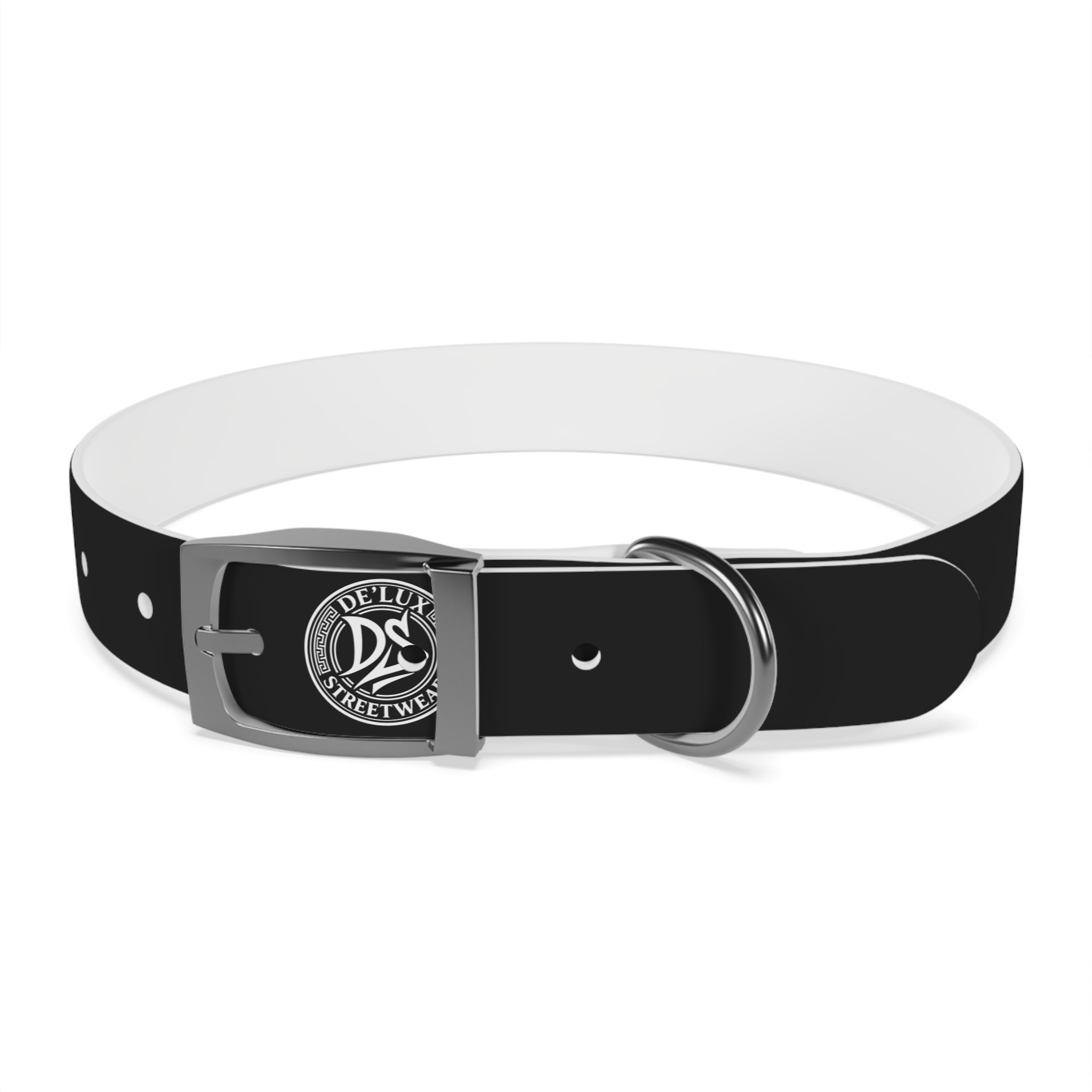 Black Logo Dog Collar — Durable Faux Leather Collar with Round Emblem