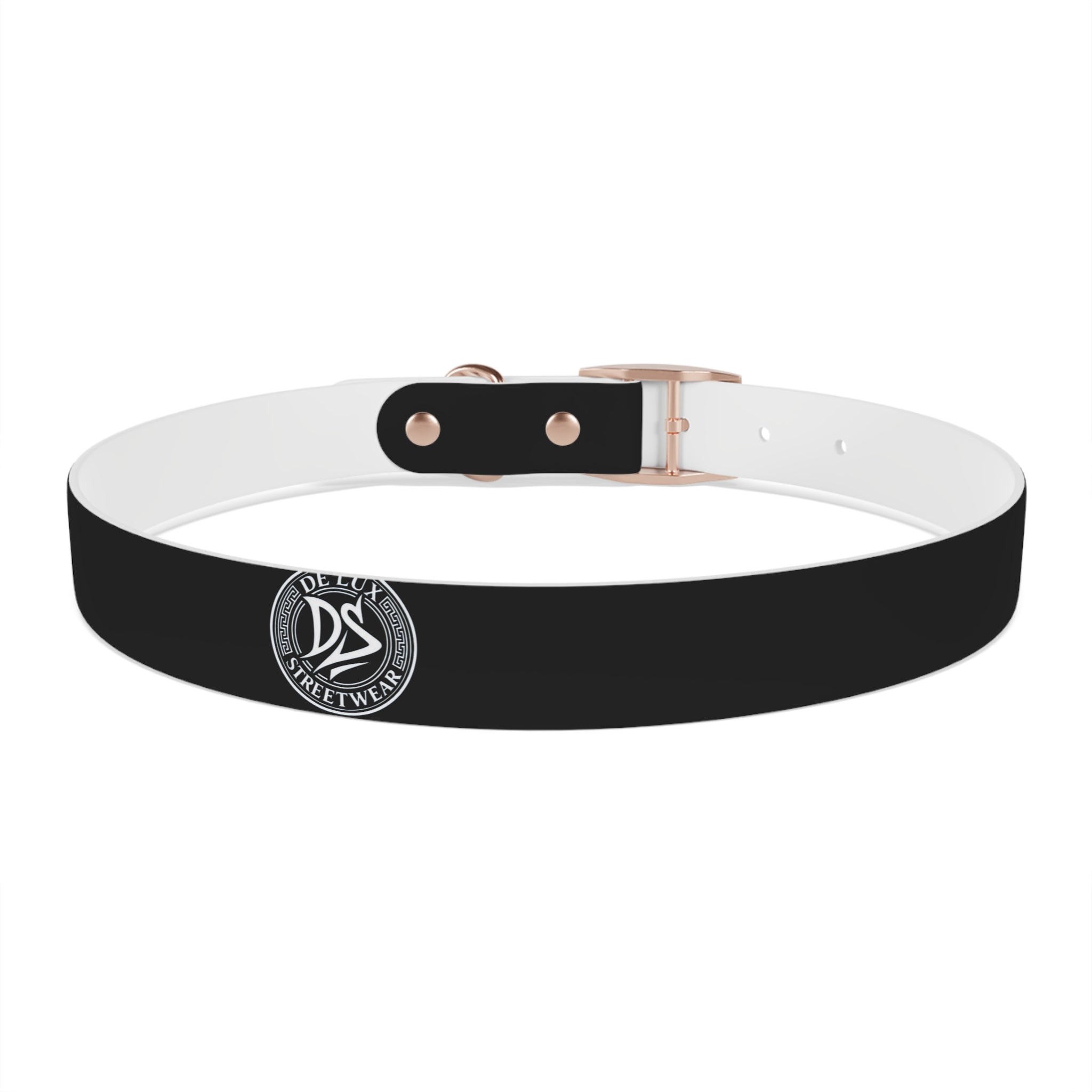 Black Logo Dog Collar — Durable Faux Leather Collar with Round Emblem