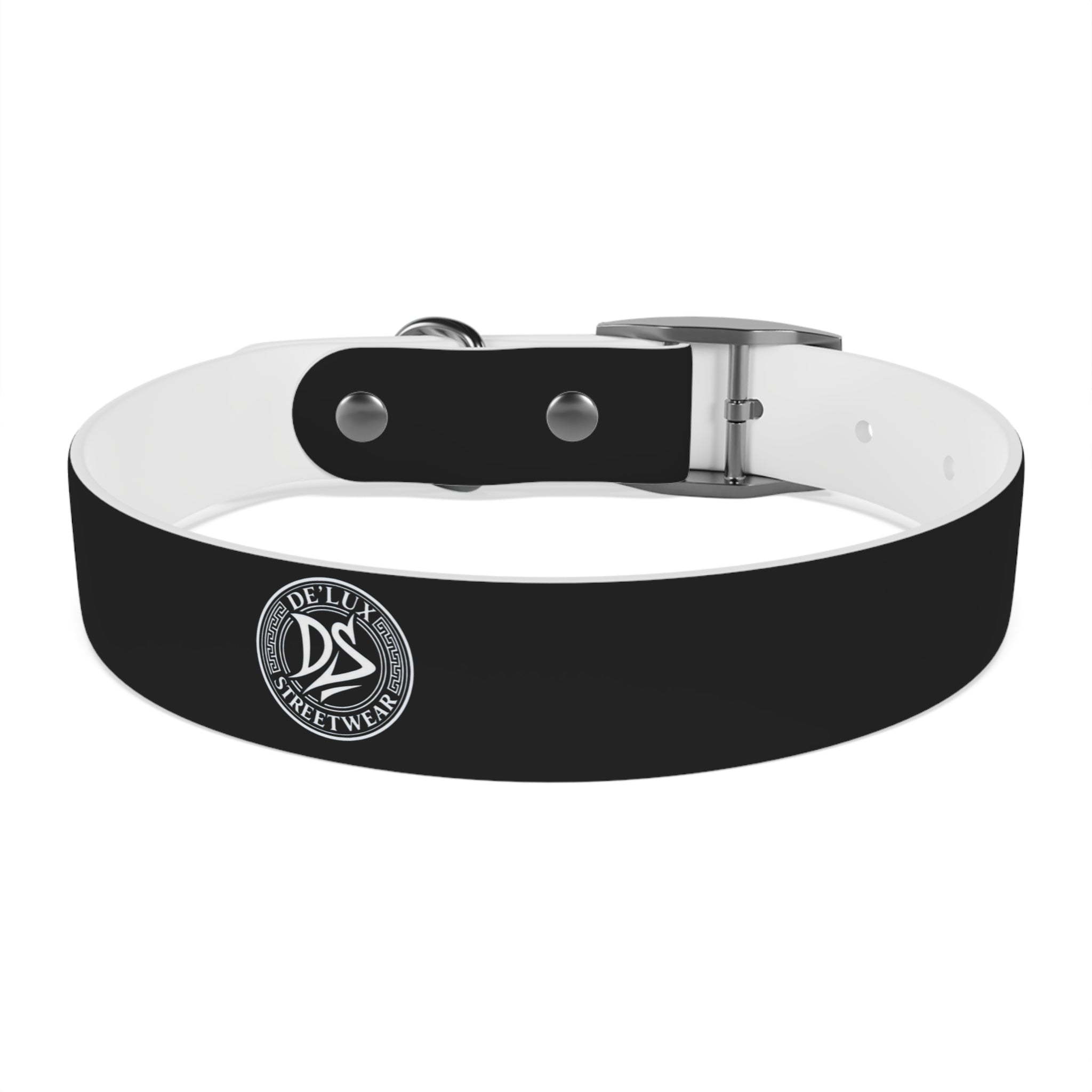 Black Logo Dog Collar — Durable Faux Leather Collar with Round Emblem