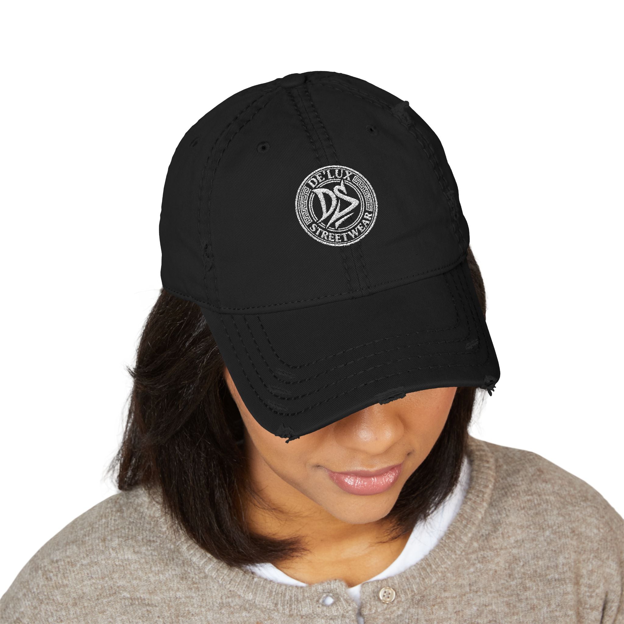 Distressed Embroidered Dad Hat — Vintage Washed Baseball Cap with DS Logo