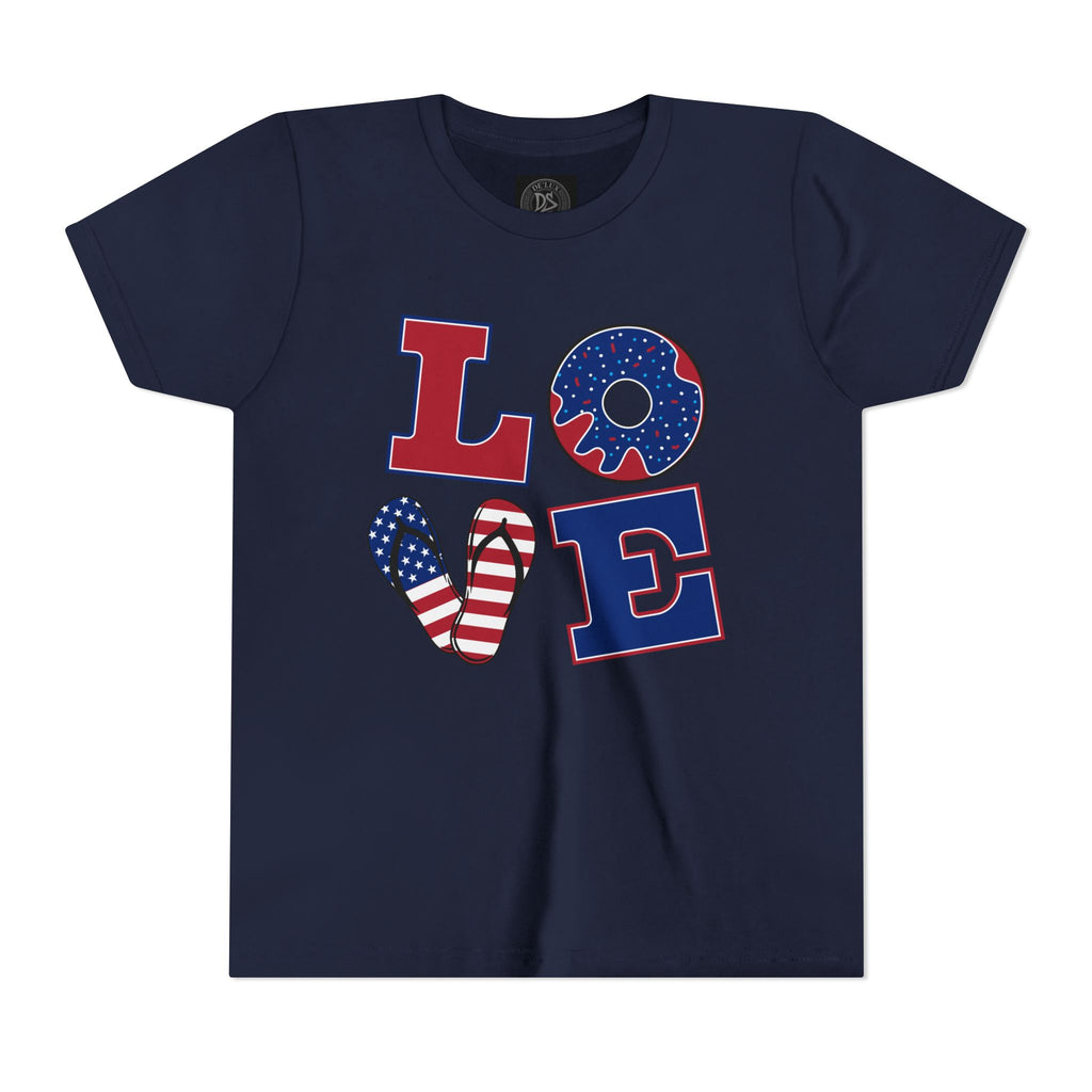 Youth Tee - "LOVE" Patriotic American Flag Design (Fourth of July Kids Shirt)