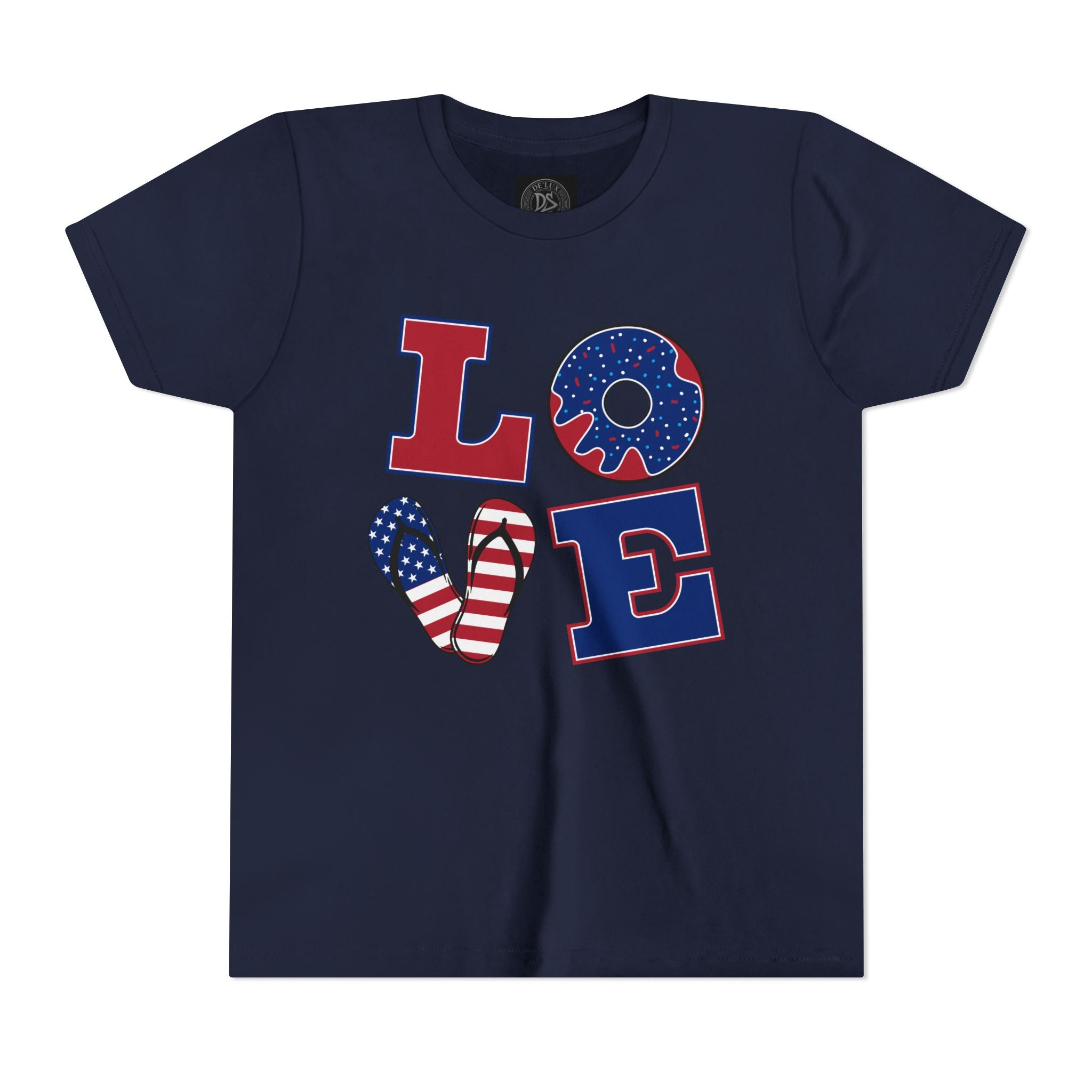 Youth Tee - "LOVE" Patriotic American Flag Design (Fourth of July Kids Shirt)