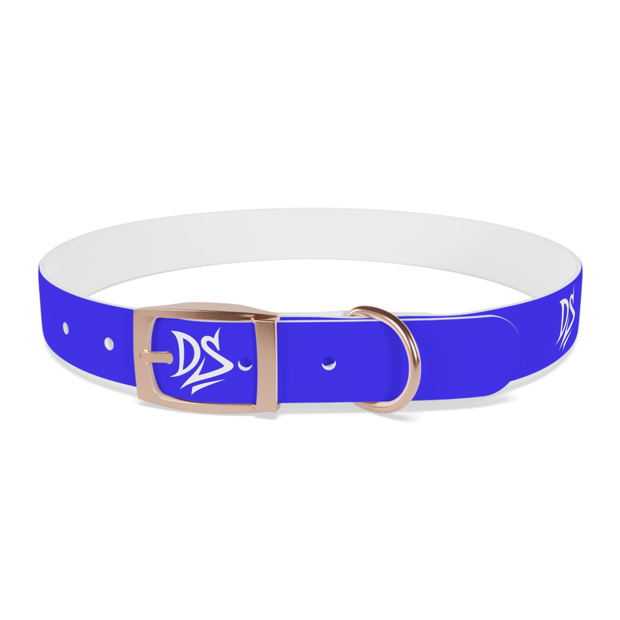 Blue Branded Dog Collar — Adjustable Waterproof Pet Collar with White Logo