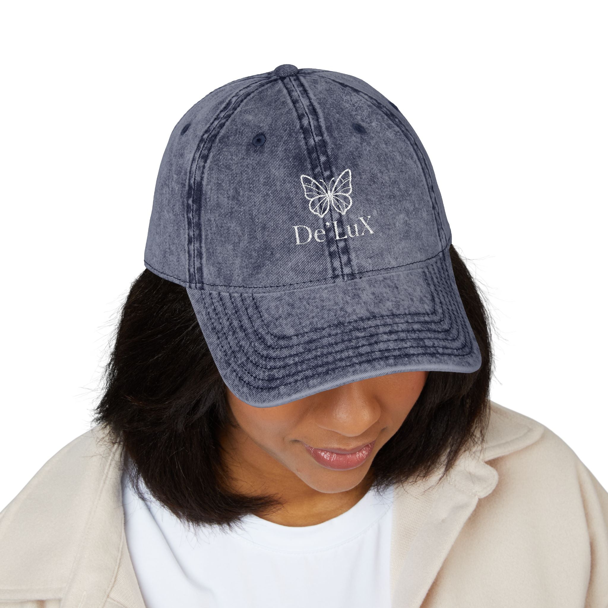 Embroidered Butterfly Vintage Cap — Red Distressed Dad Hat with "DeLuX" Text