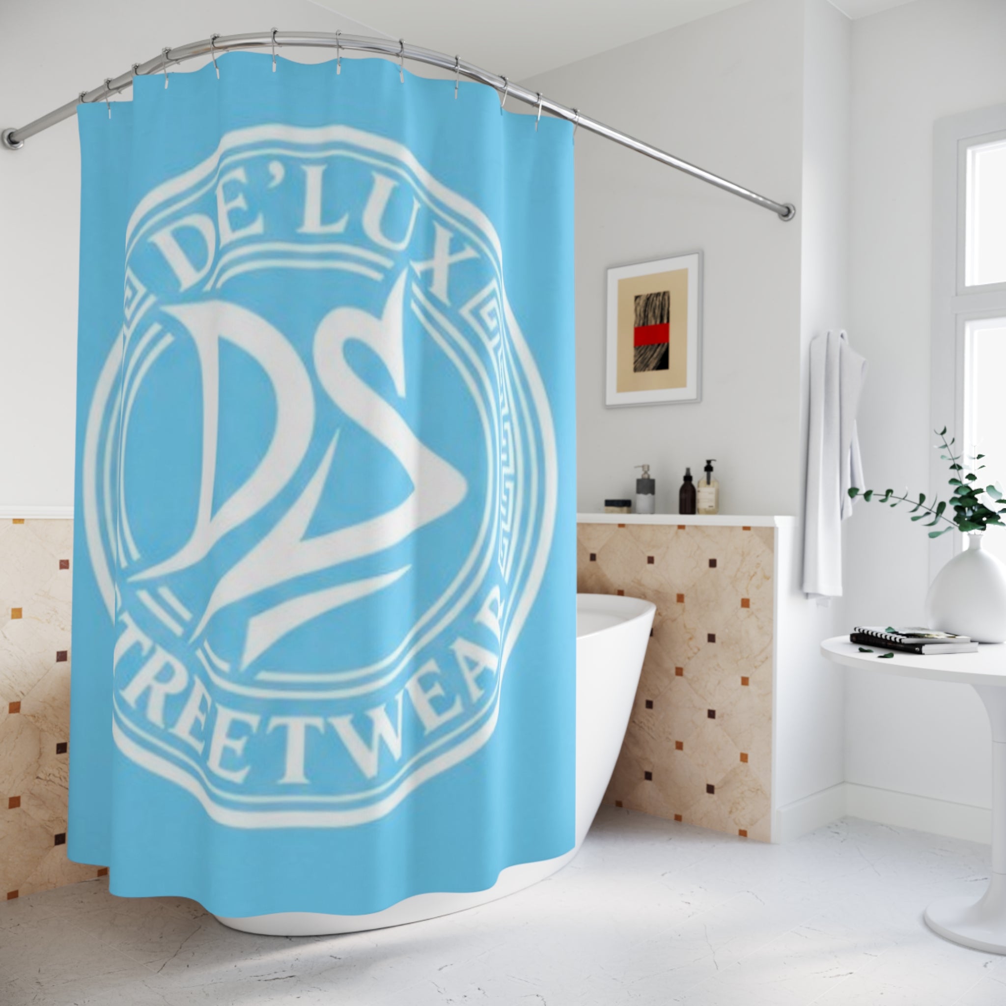 De'Luxe Streetwear Blue Logo Shower Curtain