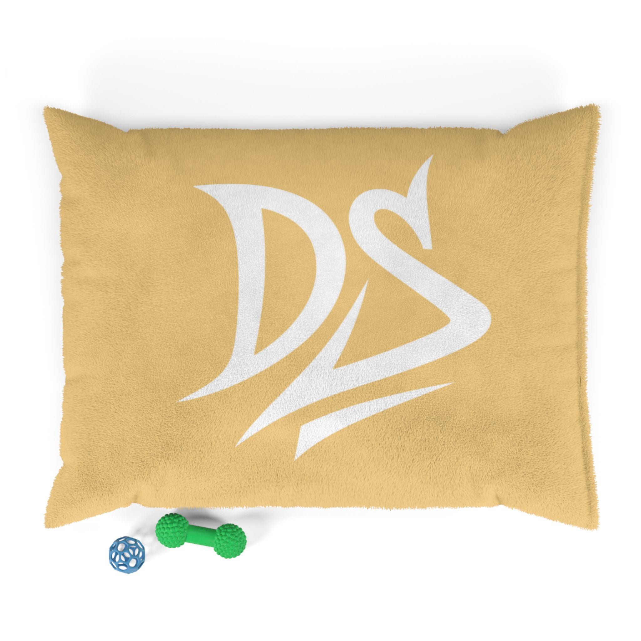 Mustard Plush Pet Bed with White DS Logo — Cozy Dog & Cat Cushion