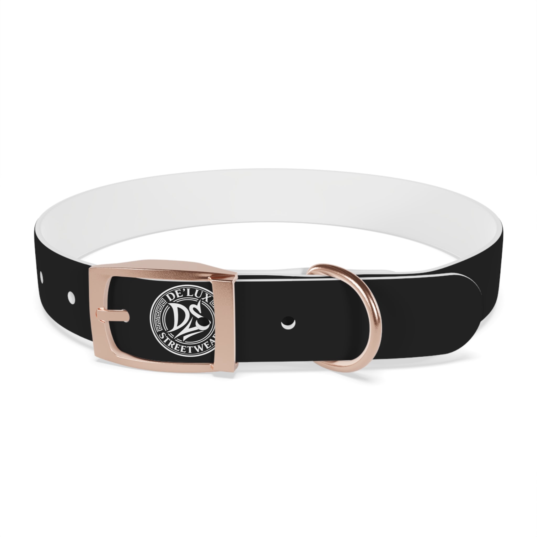 Black Logo Dog Collar — Durable Faux Leather Collar with Round Emblem